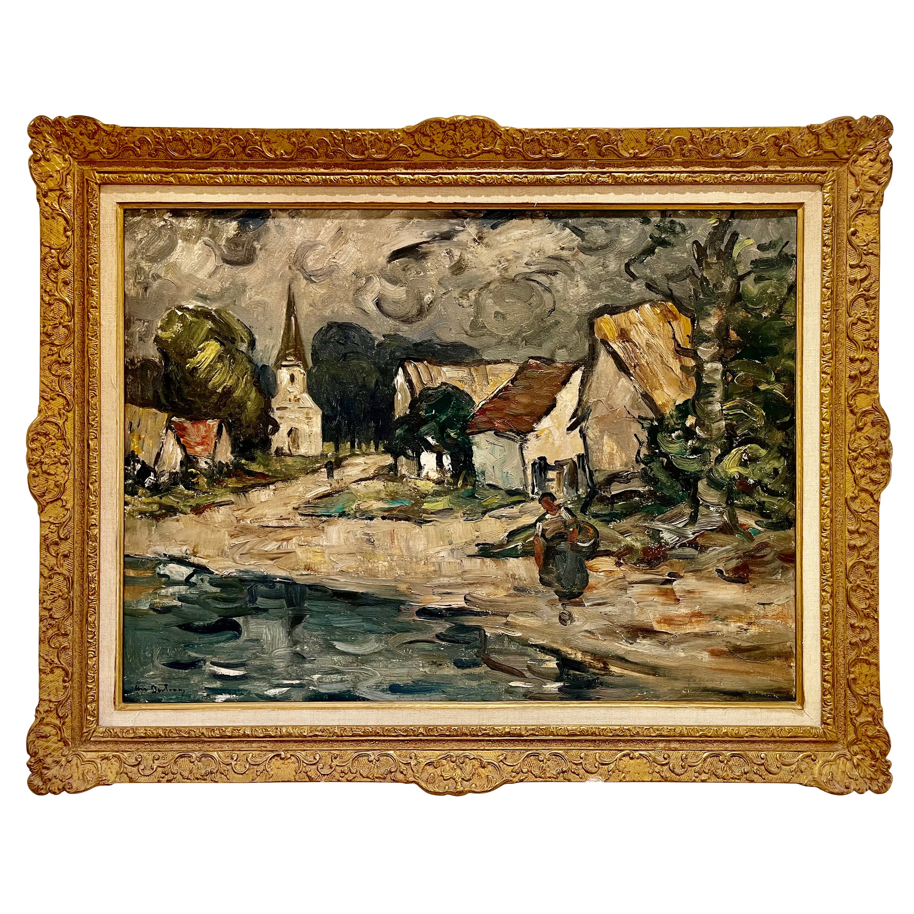 Abel Bertram – Dorfszene, Öl auf Leinwand, 19. Jahrhundert im Angebot