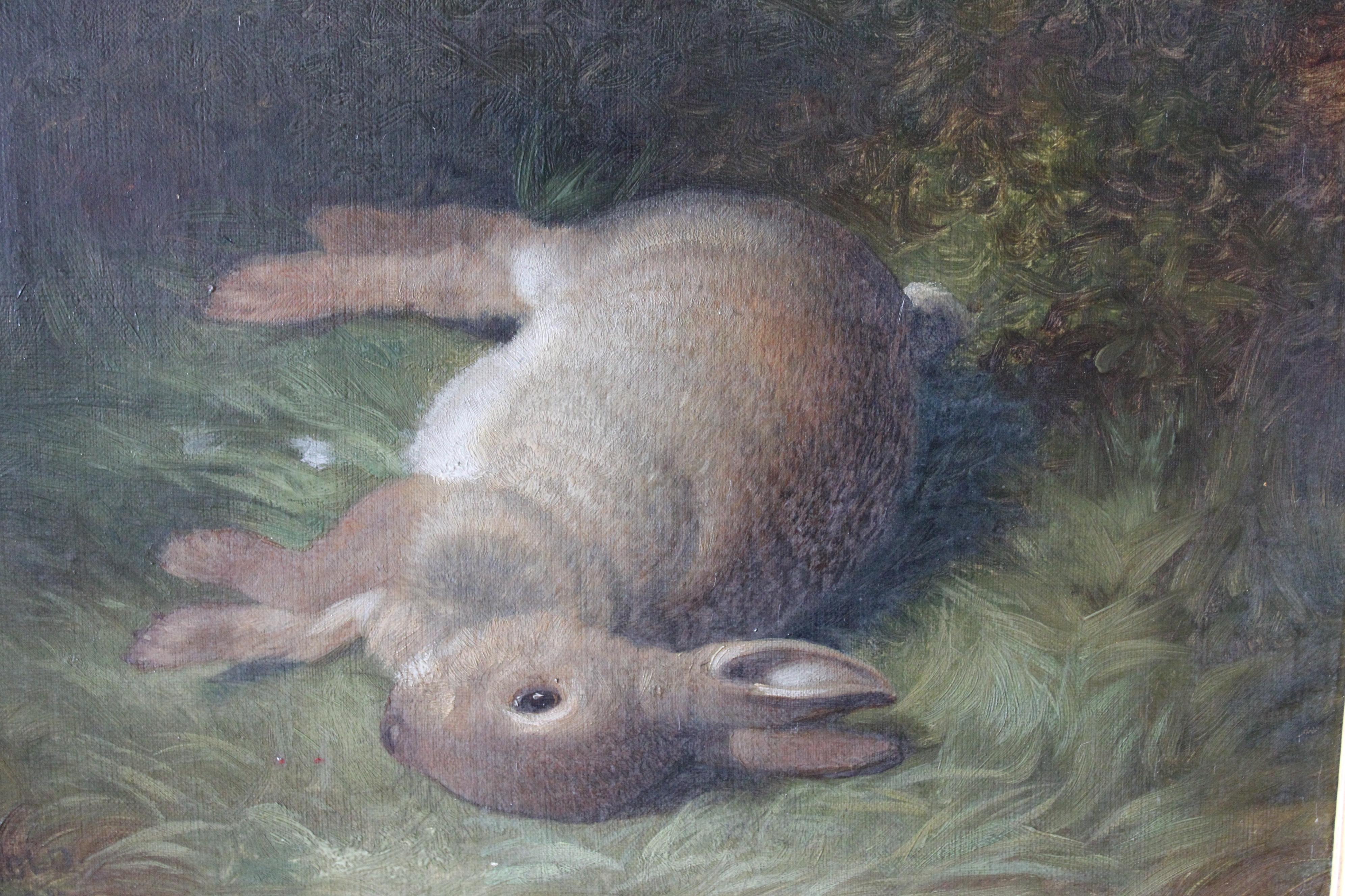 Antique oil portrait painting of a rabbit by English artist Abel Hold (1815-1893), signed in the lower left corner A Hold. This atmospheric, typically Victorian oil painting of a rabbit is totally authentic and incredibly atmospheric.  The canvas is