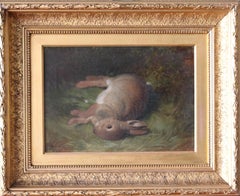 Vintage rabbit painting by Abel Hold, Victorian rabbit still life oil portrait 