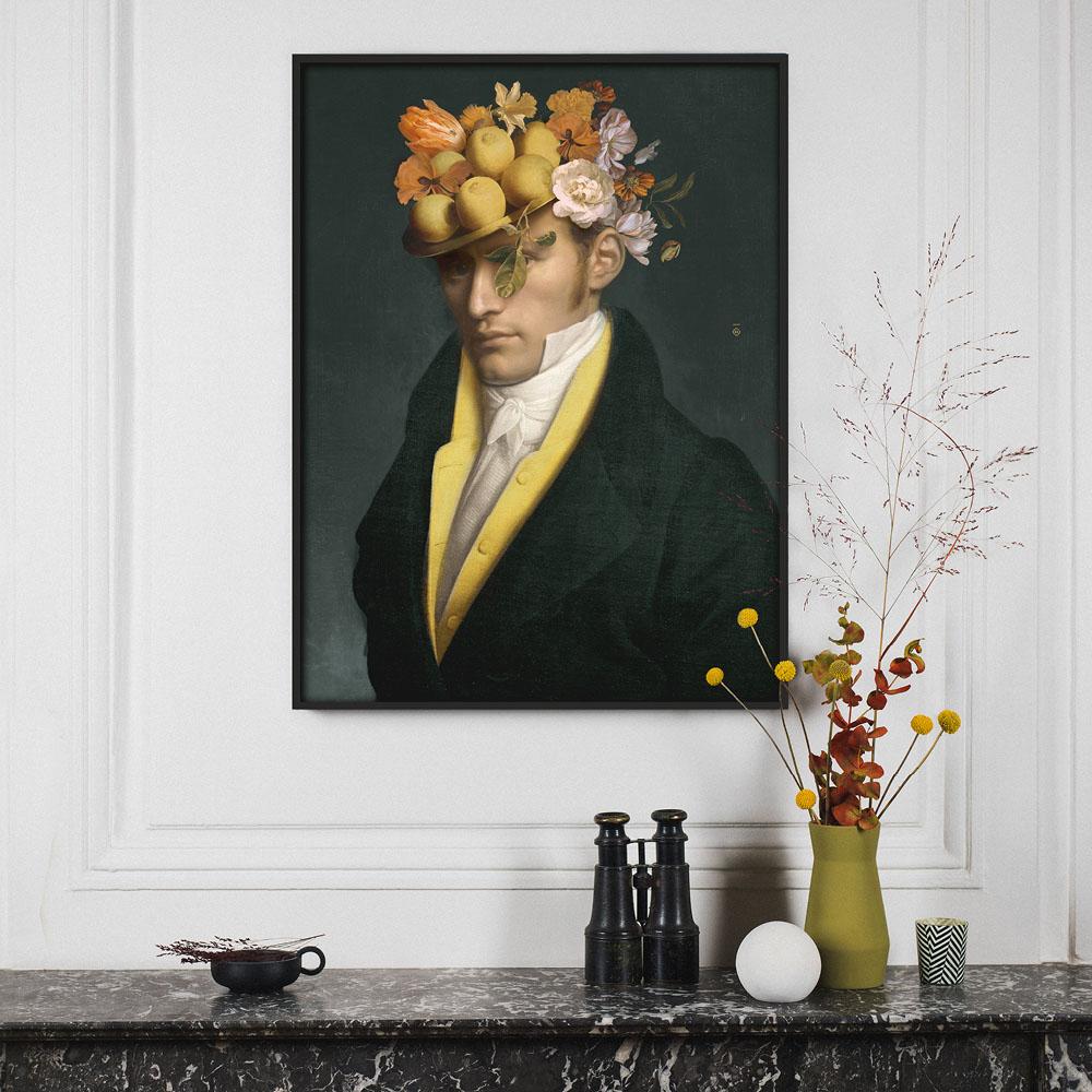The Abel Collector Portrait exudes an elegant yet casual allure that immediately captivates the eye. This wall painting is adjustable to suit your preferences, adding a touch of unique poetry to your interior décor.

The pops of bright yellow in the