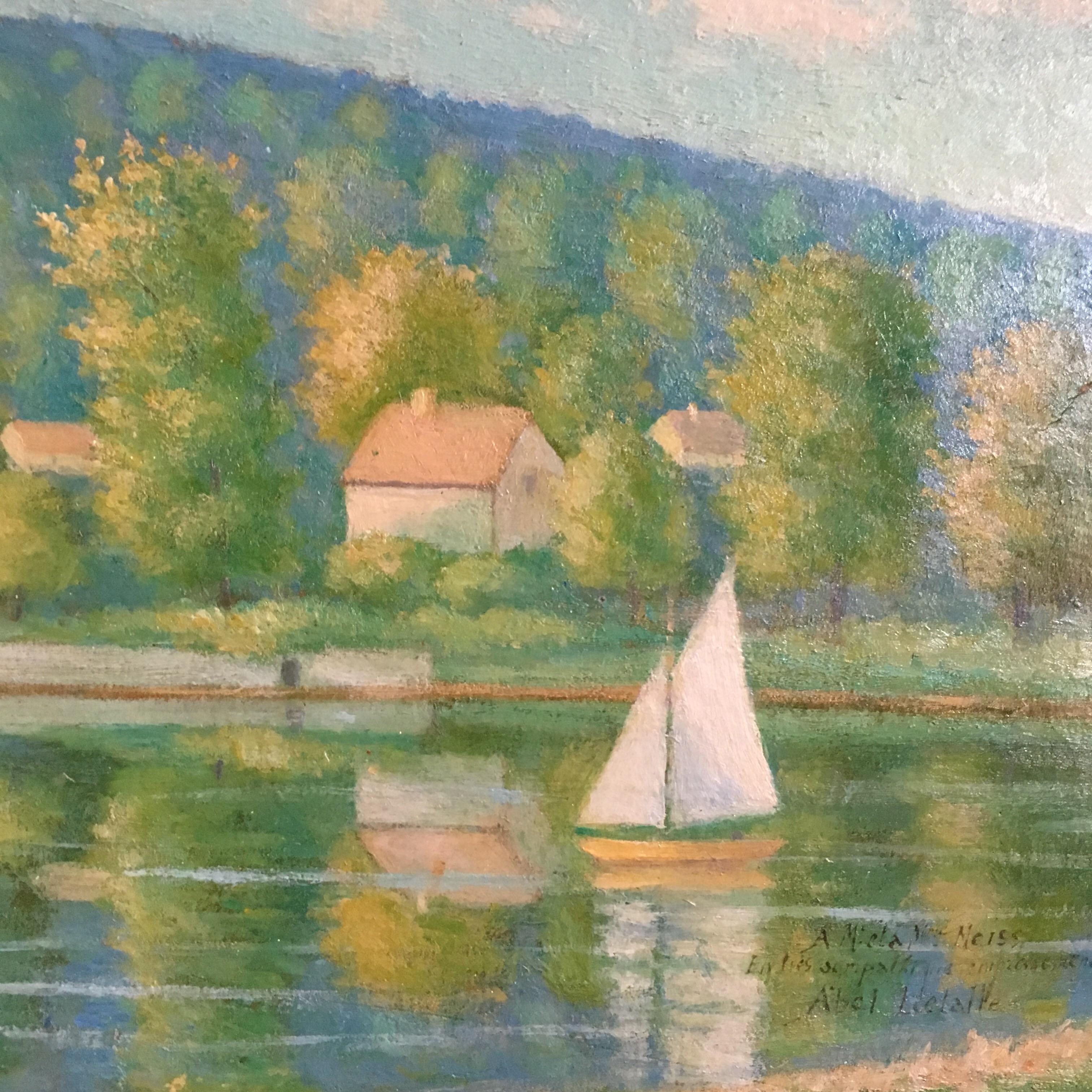 Mid Century French Oil Painting Landscape of a French Lake, Signed Oil Painting  - Gray Figurative Painting by Abel LeBalle