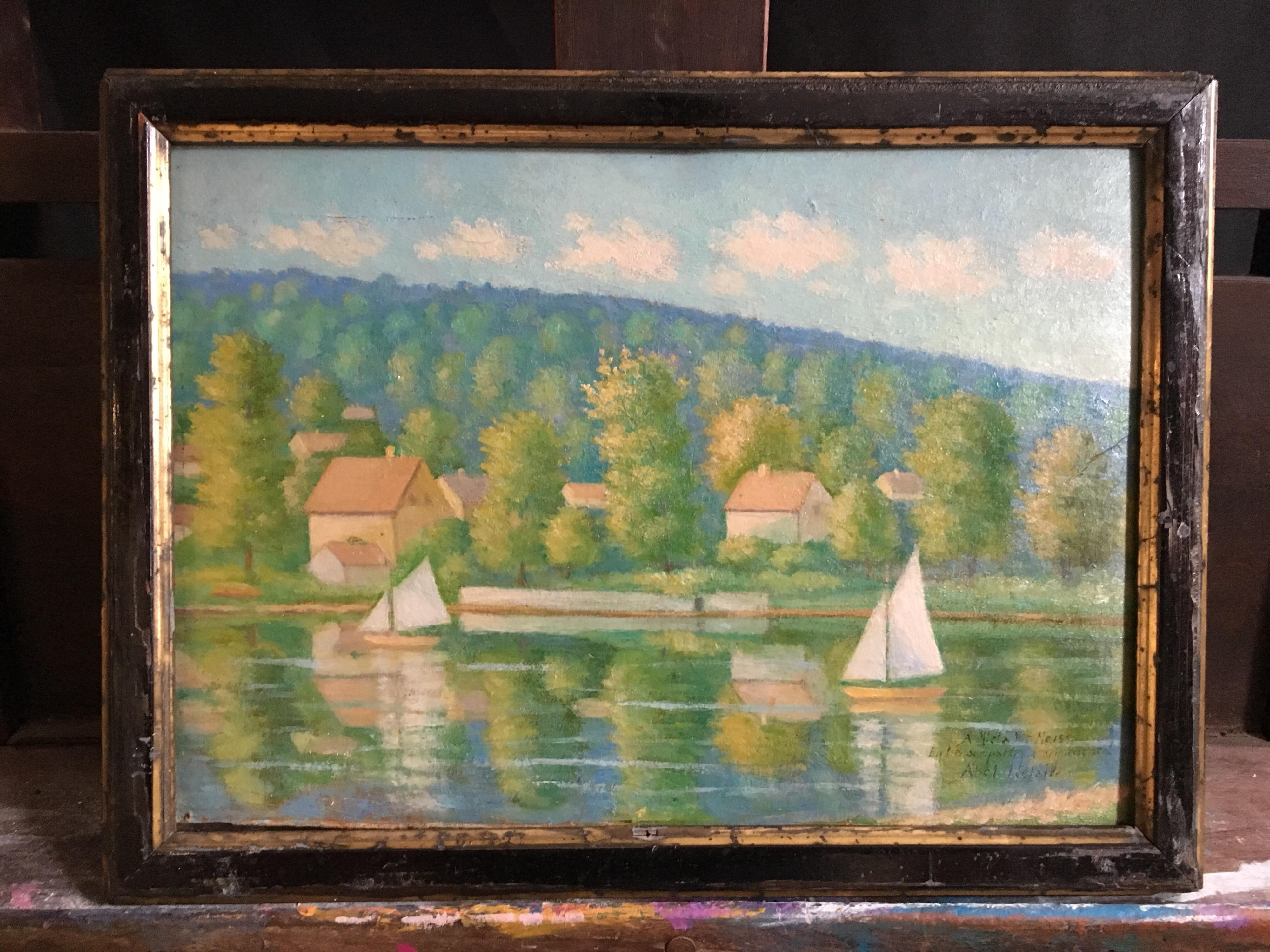Landscape of a French Lake, Signed Oil Painting 
By French artist, Abel LeBalle, Mid 20th Century
Signed and titled by the artist on the lower right hand corner, however it's indecipherable
Oil painting on board, framed
Frame size: 11 x 14.5