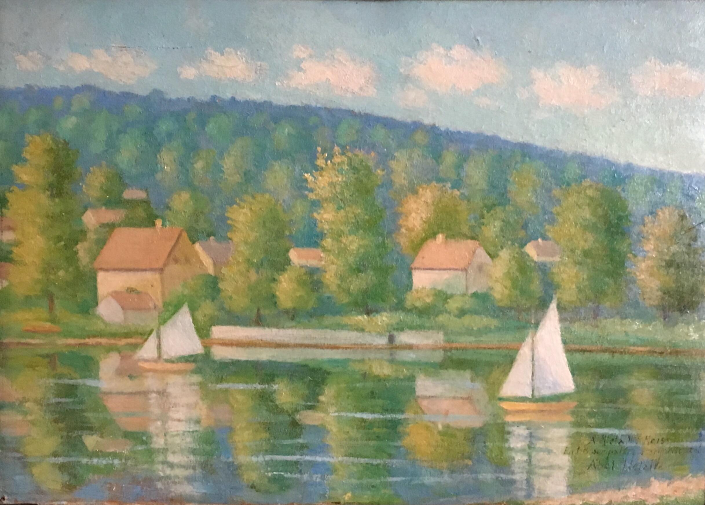 Mid Century French Oil Painting Landscape of a French Lake, Signed Oil Painting 