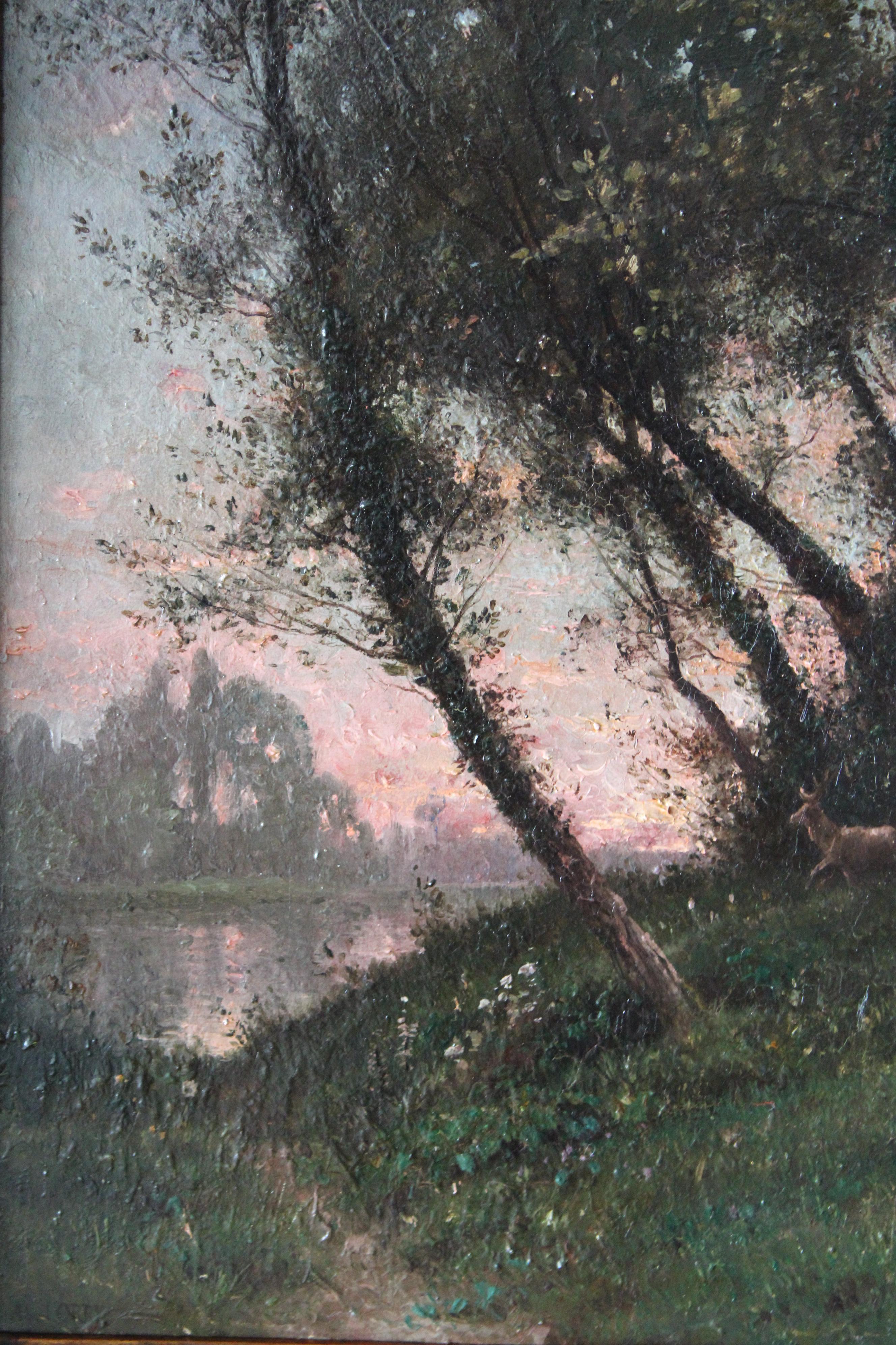 1800er Antike Landschaft eines Sonnenuntergangs über einem Fluss von Abel Orry (1839 - 1886)  9