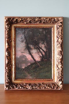 1800s Antique landscape of a sunset over a river by Abel Orry (1839 - 1886)