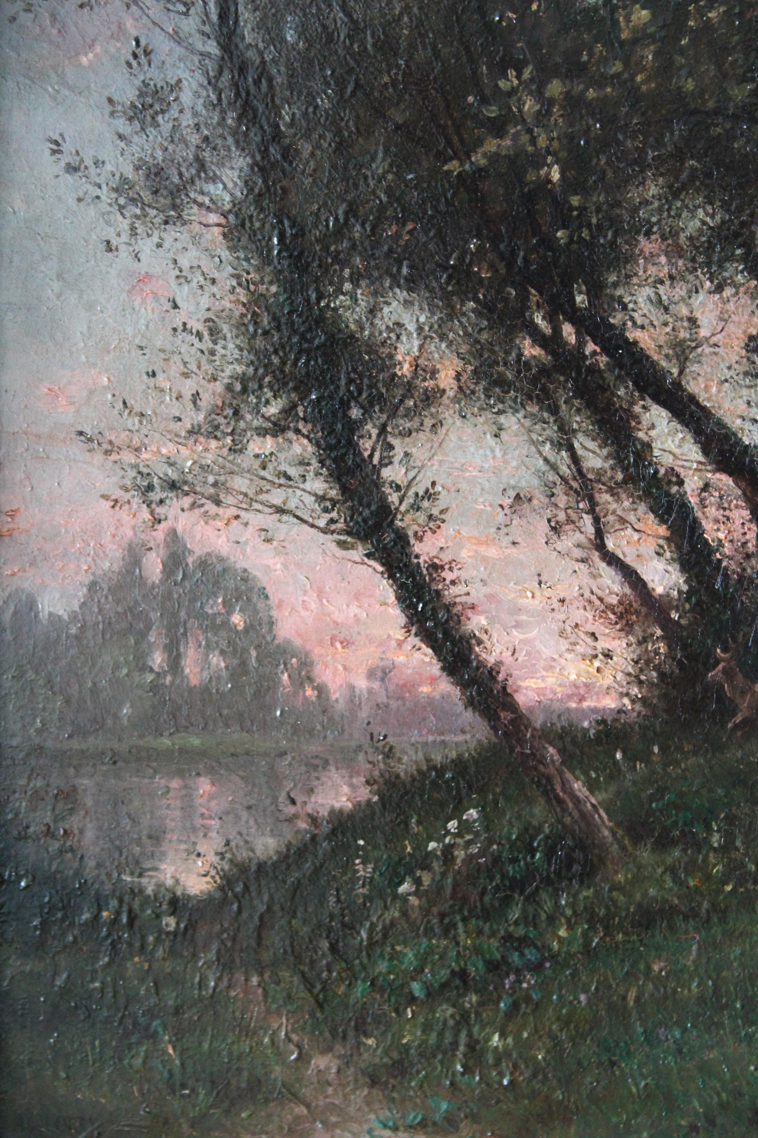 1800er Antike Landschaft eines Sonnenuntergangs über einem Fluss von Abel Orry (1839 - 1886)  3