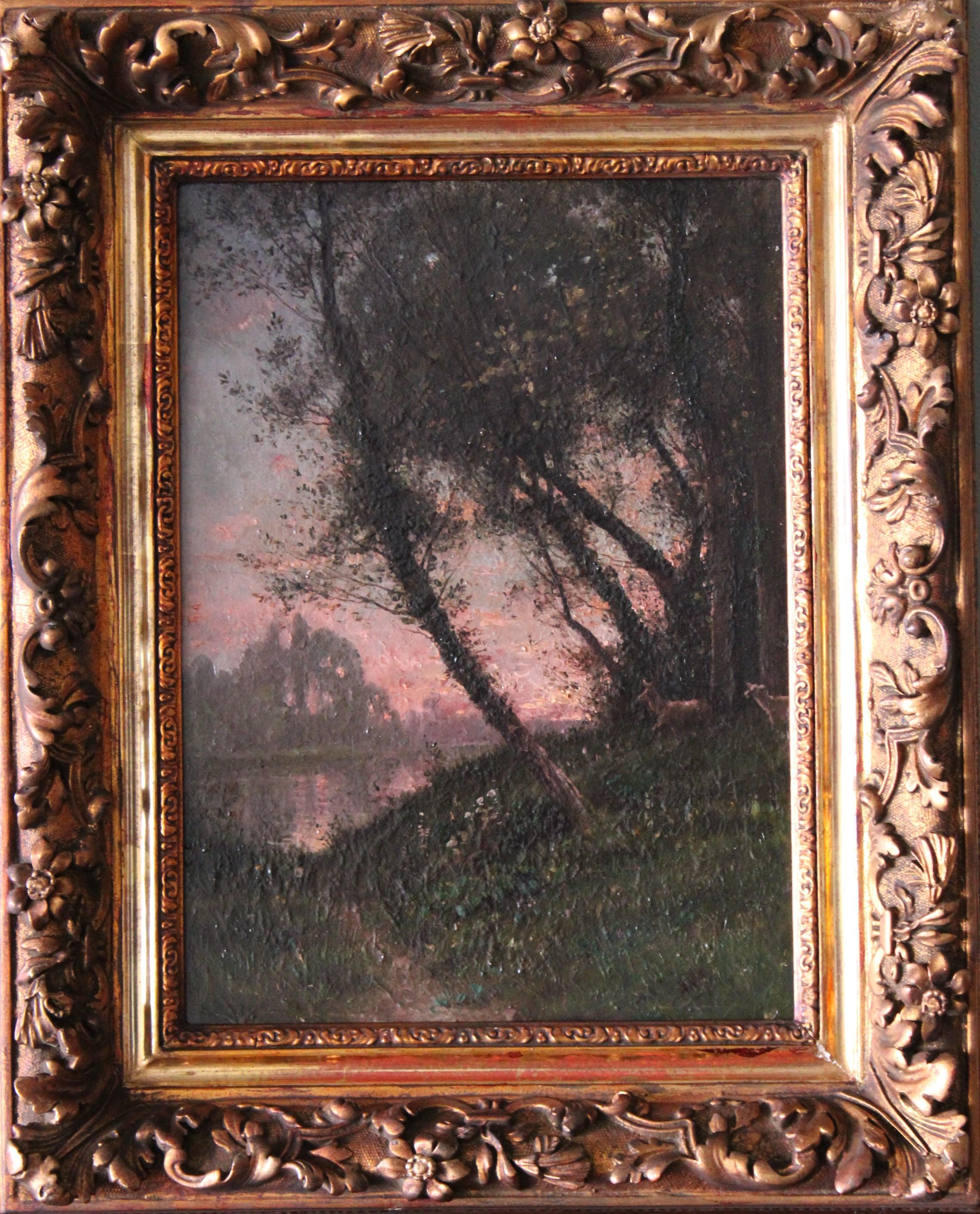 This gorgeous old dark and moody French oil painting from the mid 1800's is signed in the lower left corner and is in its original old frame.  Antique French sunset landscape/riverside oil painting by French artist Abel Orry on thick wood board