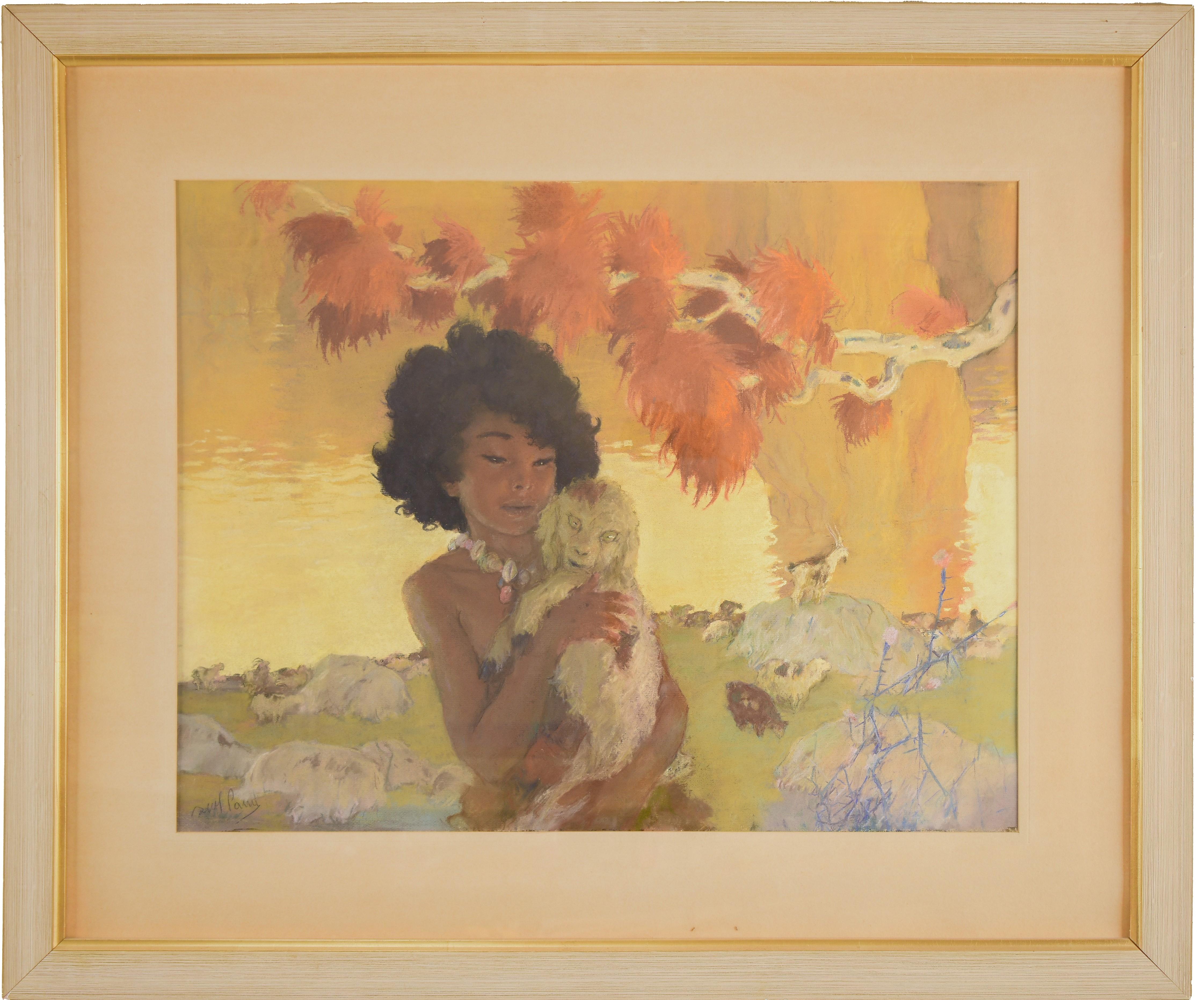 Portrait Painting Abel Pann - Girl with lamb Huile et pastel sur carton. Artistics