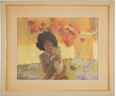 Girl with lamb. Oil and pastel on cardboard. Jewish artist
