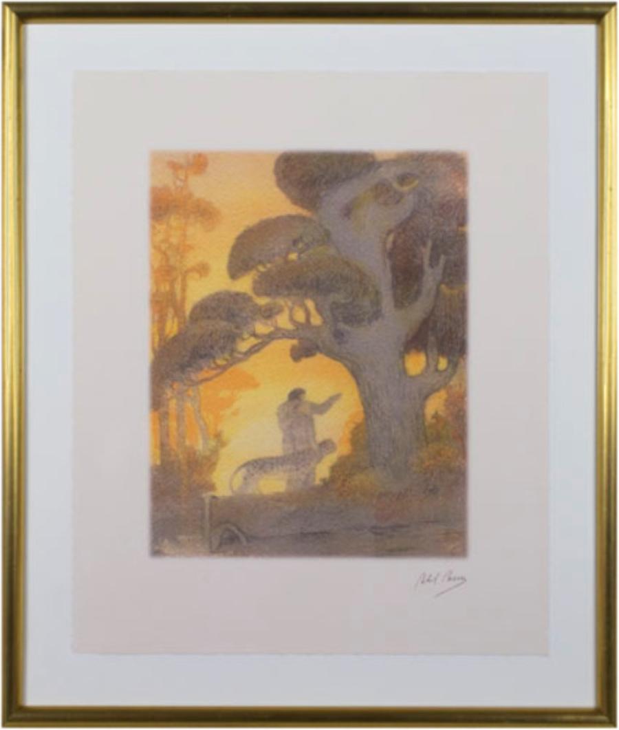 "The Garden of Eden" is a Giclée print on watercolor paper after the original lithograph from Abel Pann's portfolio, "The Bible - Genesis: From the Creation until the Deluge." Originally published in 1924, the complete portfolio includes 25