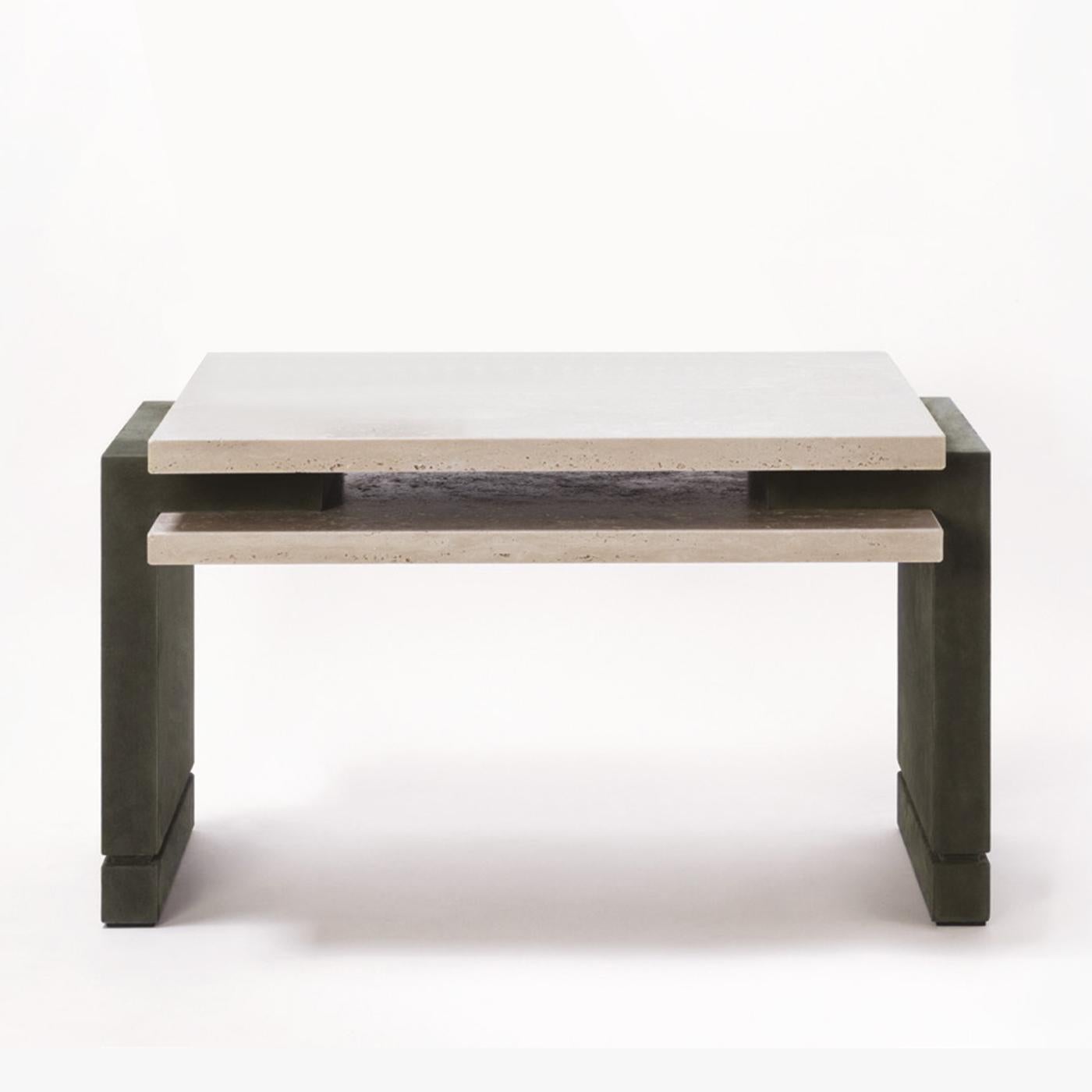 Coffee Table Abel Travertine with structure in solid wood, 
with travertine double tops and with feet covered with genuine 
suede leather in olive green color.