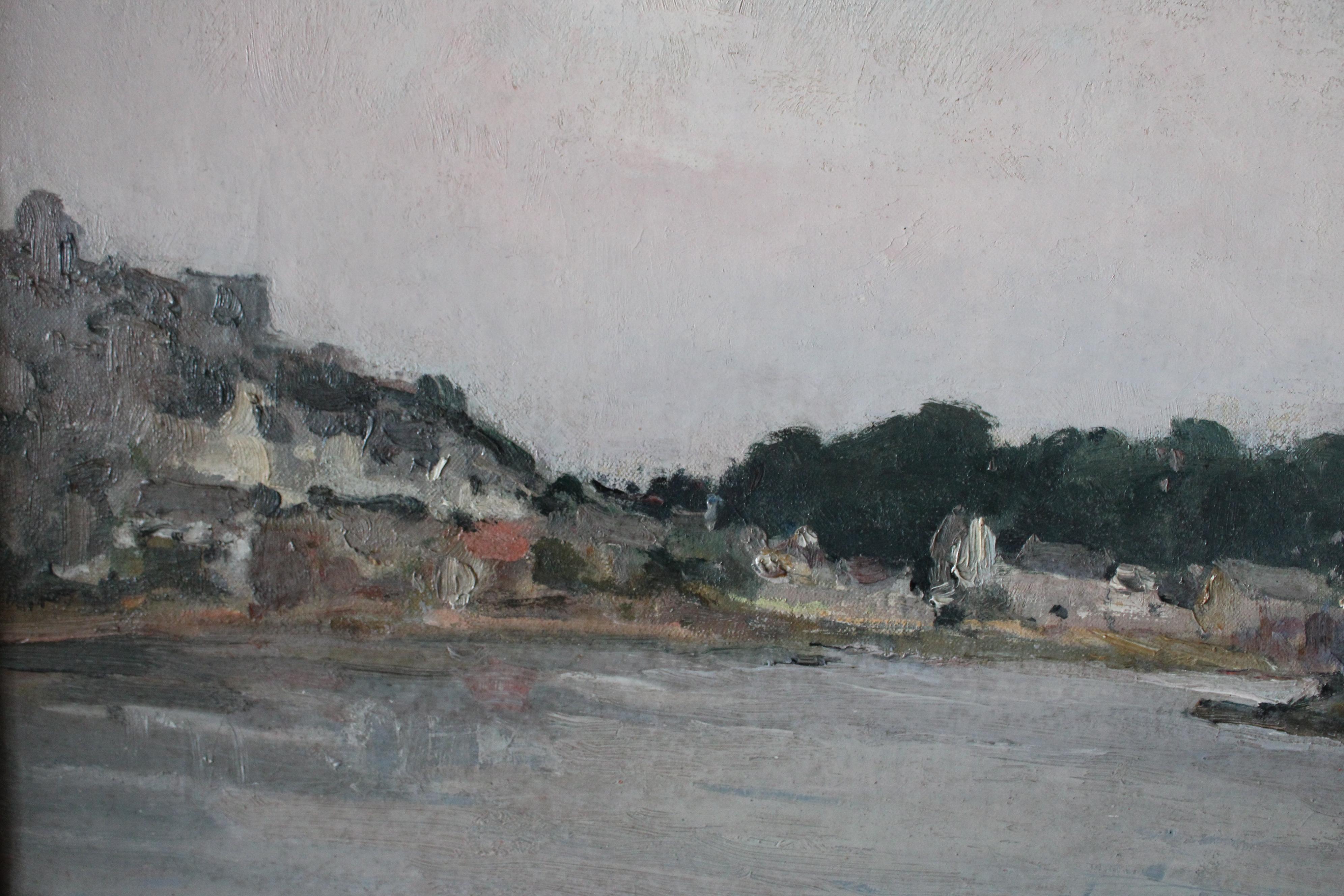 Vintage Post Impressionist framed oil painting on stretched canvas, signed in the bottom right, Abel Villard  (1871-1969).  A stunning, calm and moody depiction of a village boardering water, most likely to be in the Brittany area of France where