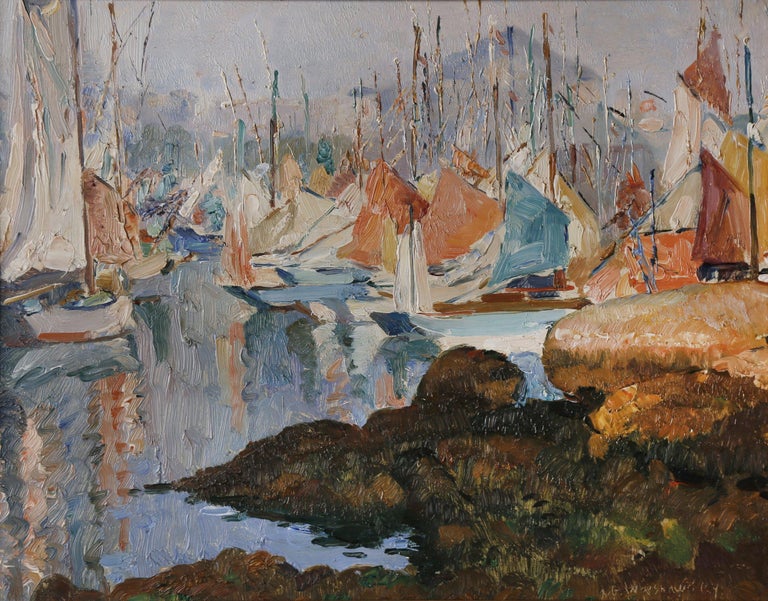 Abel Warshawsky Figurative Painting - Early 20th Century Harbor Scene Seascape/Landscape Painting 