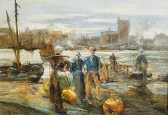 "Figures by the Harbor, Brittany, France," Abel Warshawsky, Impressionist Scene