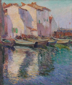 Fishing Boat Reflections, Vibrant French Seascape by American Impressionist