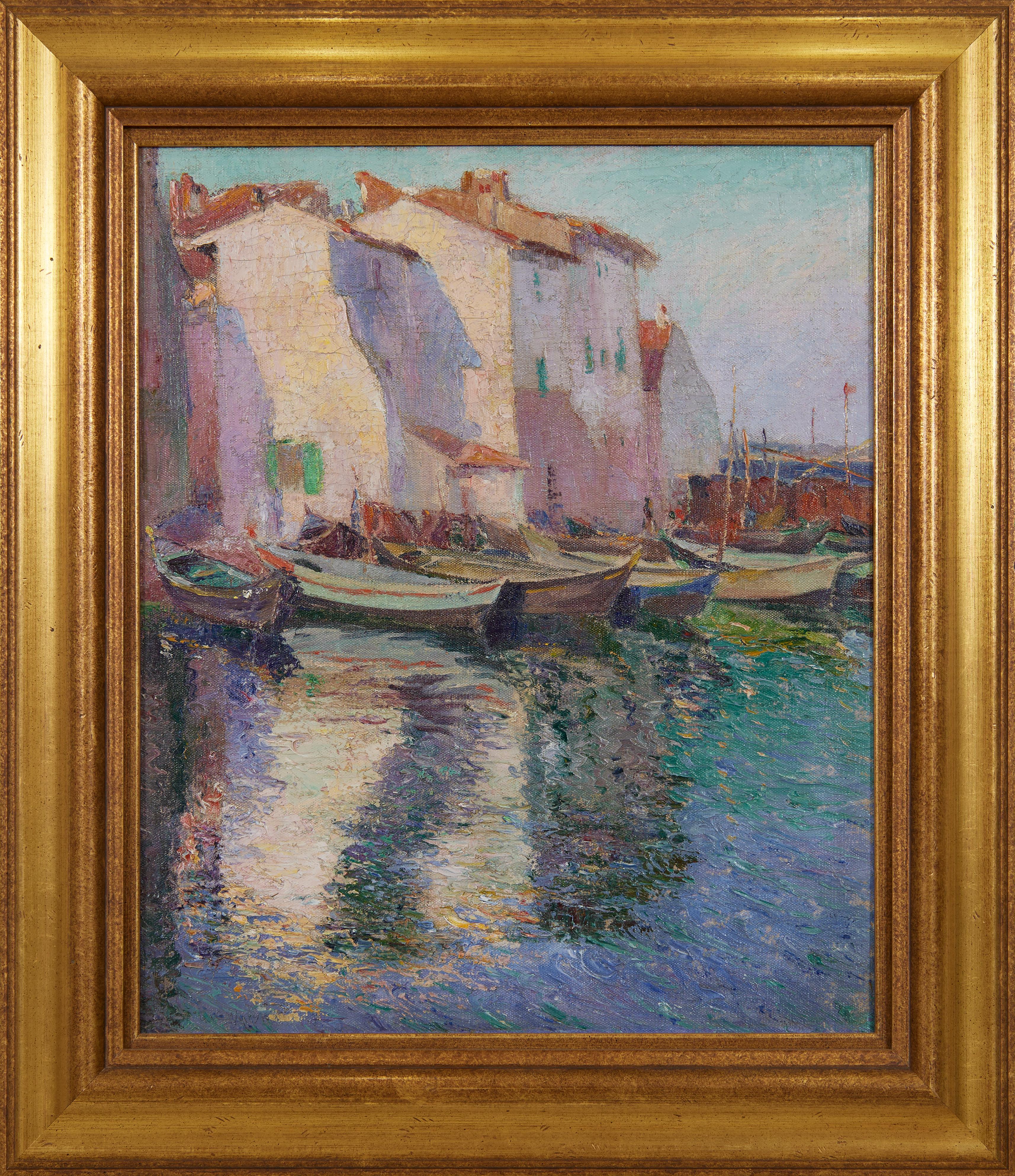 Abel Warshawsky Figurative Painting – Fishing Boat Reflections, Vibrant French Seascape by American Impressionist