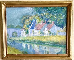 Frankreich - Fluss, Figuren und Häuser - Impressionistische Szene Paysage Ölgemälde