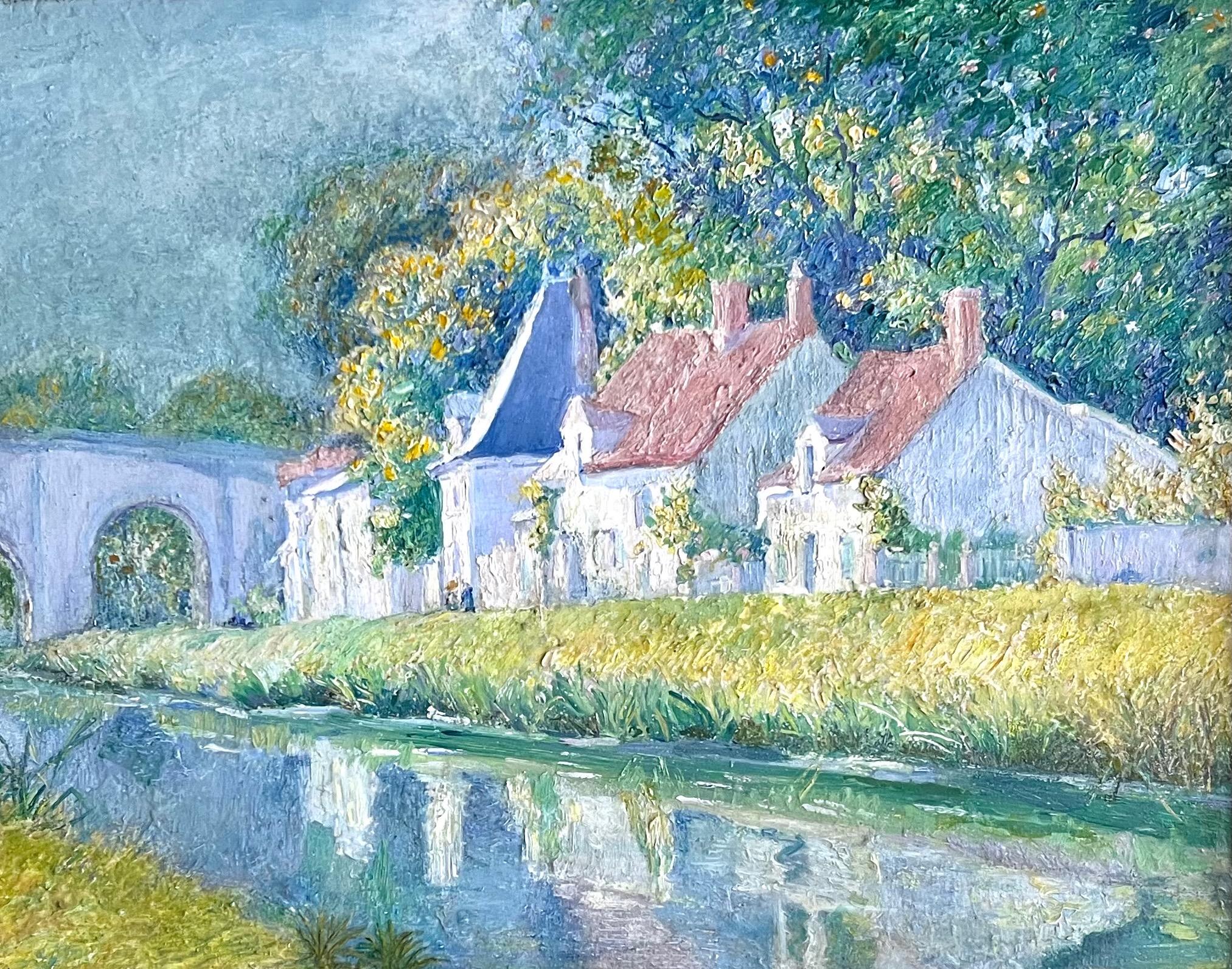 Abel Warshawsky Landscape Painting - France - River, Figures & Houses - Impressionist Scene Paysage Oil Painting