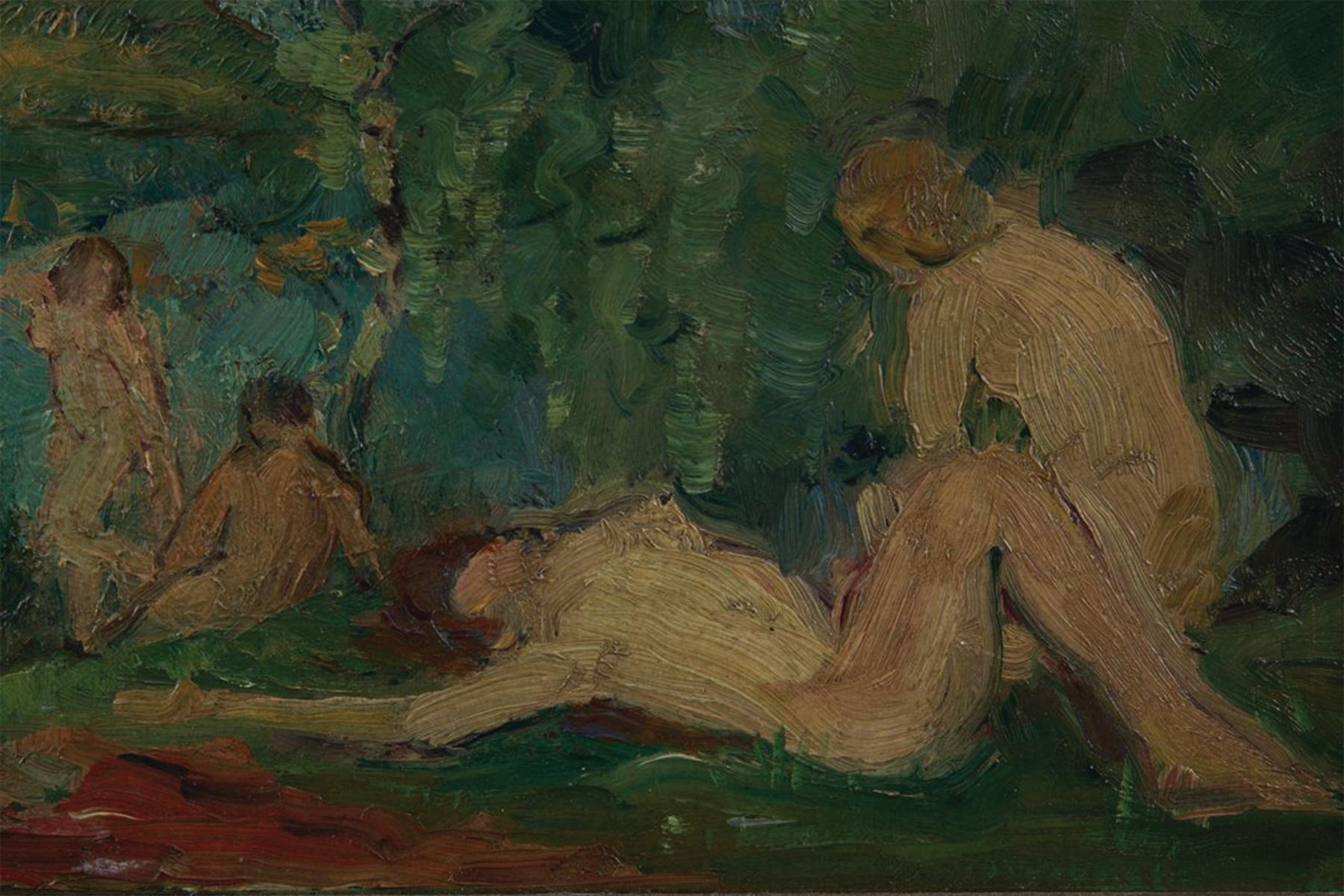 Abel Warshawsky (American, 1883-1962)
Mural Study
Oil on board
Signed and inscribed verso
9.5 x 18 inches
15.75 x 24.25 inches, framed

Impressionist painter A.G. Warshawsky was active in Cleveland, Paris and Monterey, California. Although