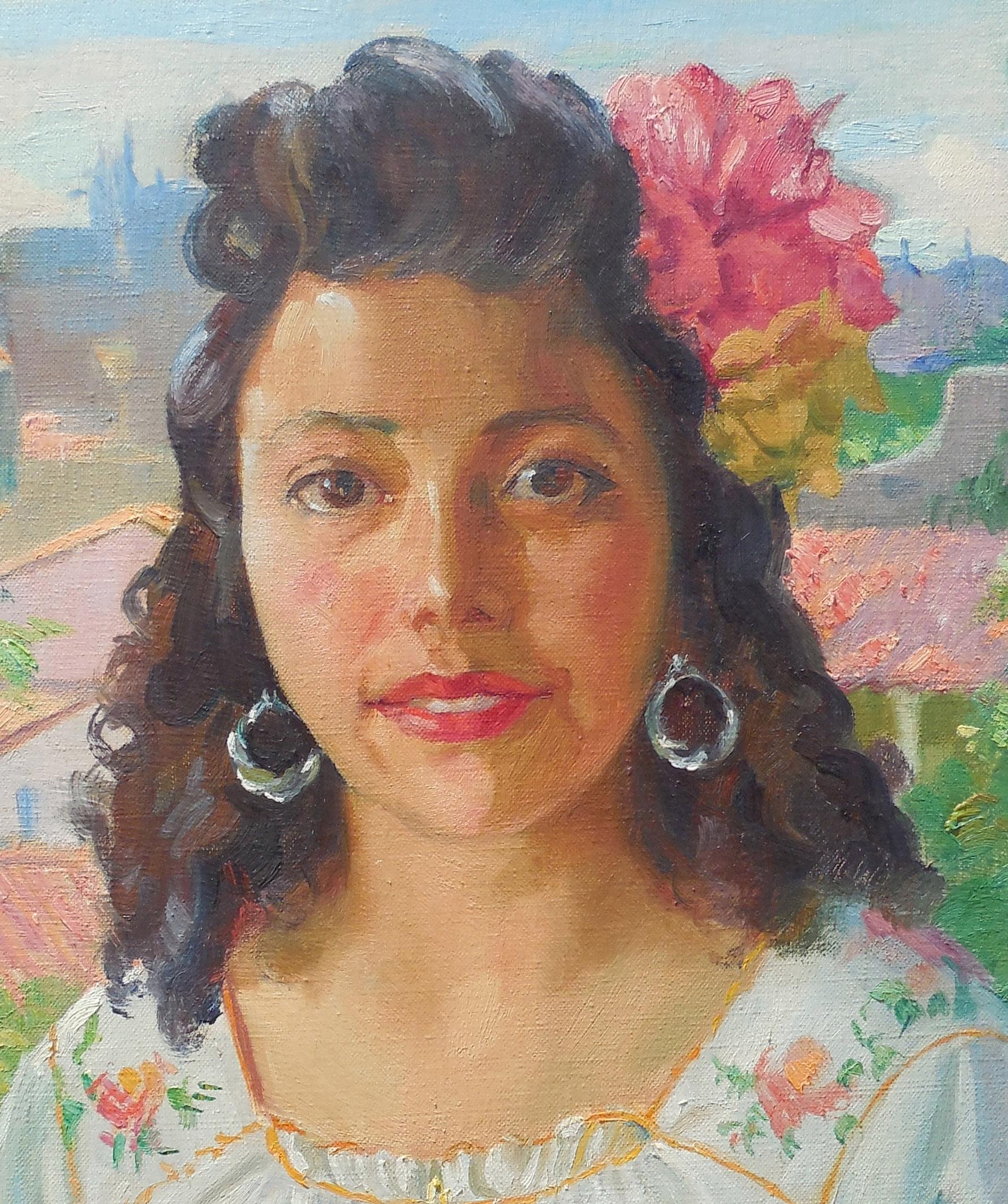 Spanish Beauty (Portrait de la femme de l'artiste) - Painting de Abel Warshawsky