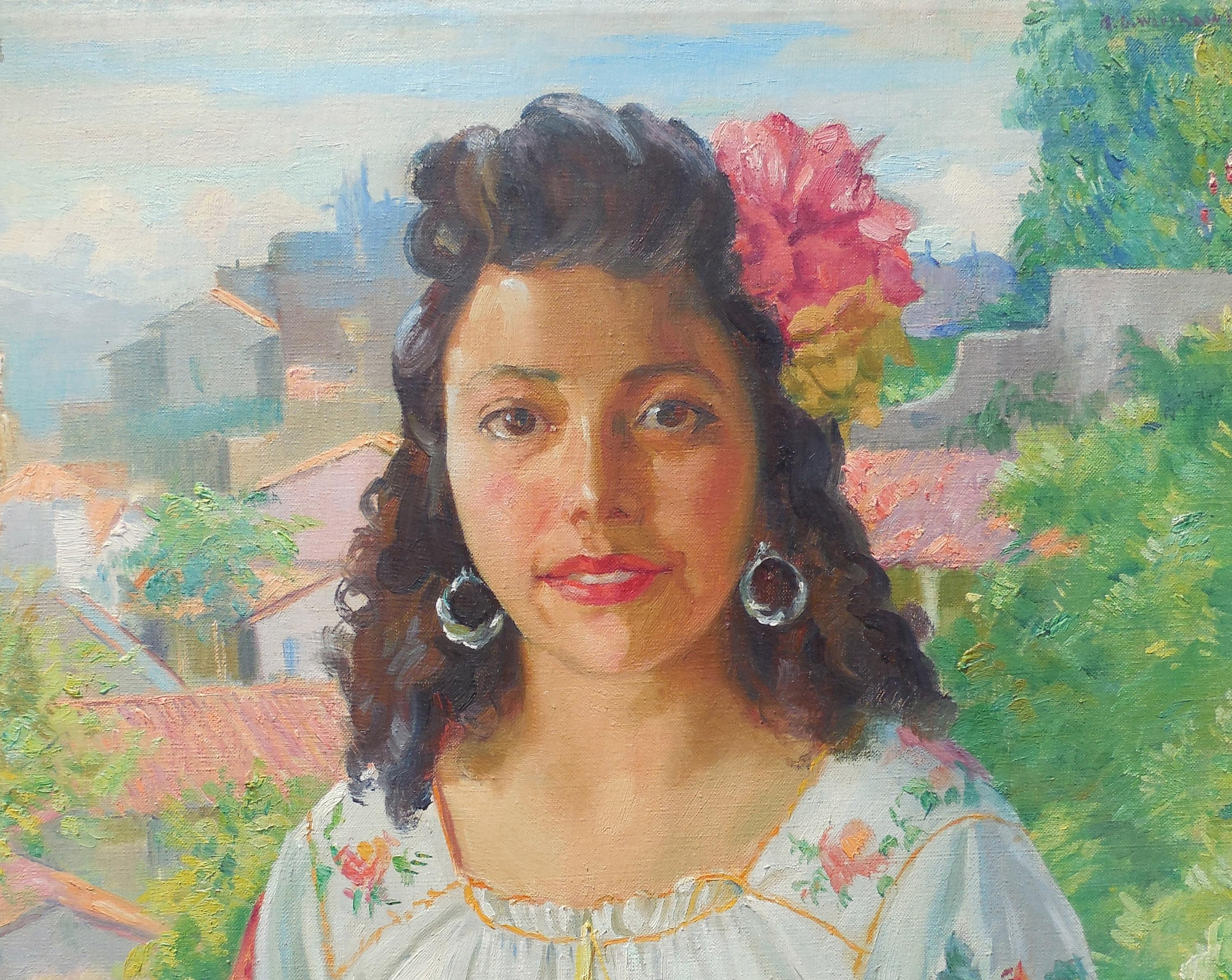 Spanish Beauty (Portrait de la femme de l'artiste) - Impressionnisme abstrait Painting par Abel Warshawsky