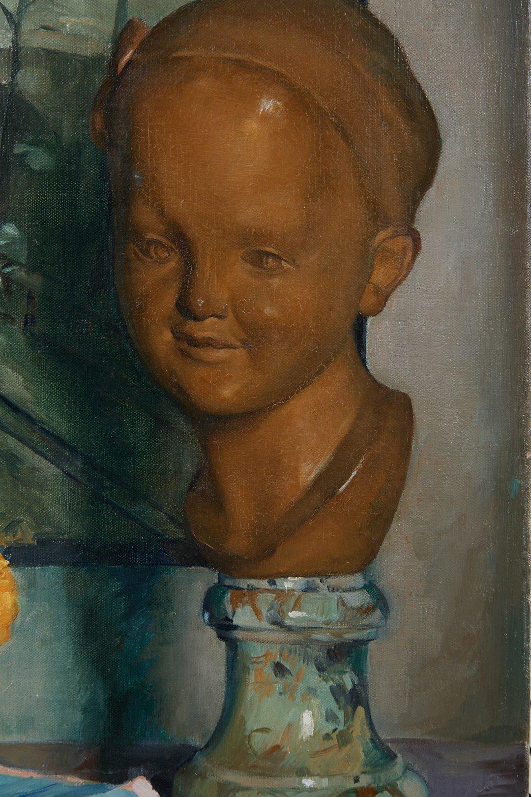 Natura morta con fiori, busto e scena parigina, Impressionista americano - Painting di Abel Warshawsky
