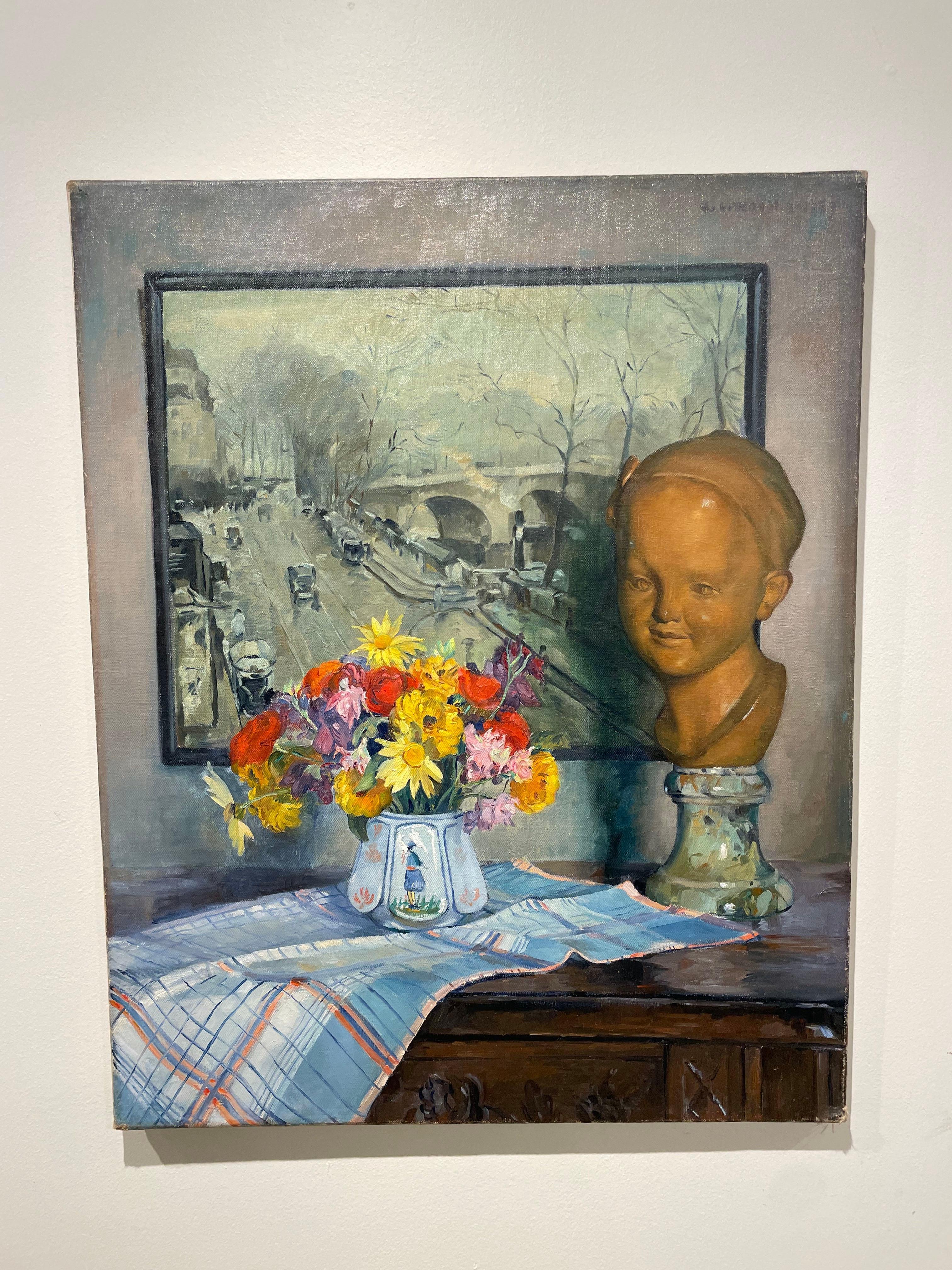 Nature morte avec fleurs, buste et scène parisienne, impressionniste américain en vente 1