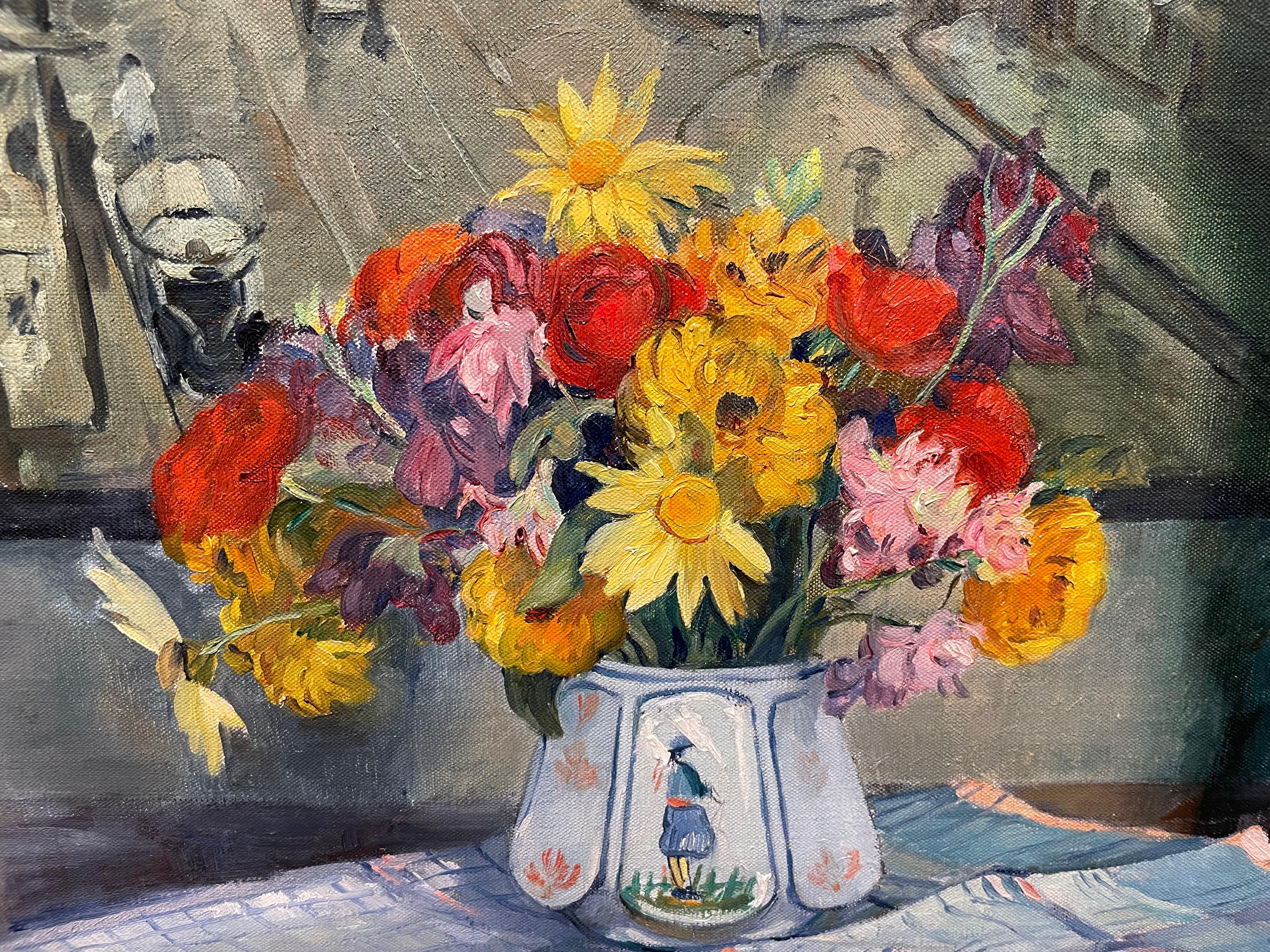 Nature morte avec fleurs, buste et scène parisienne, impressionniste américain en vente 2