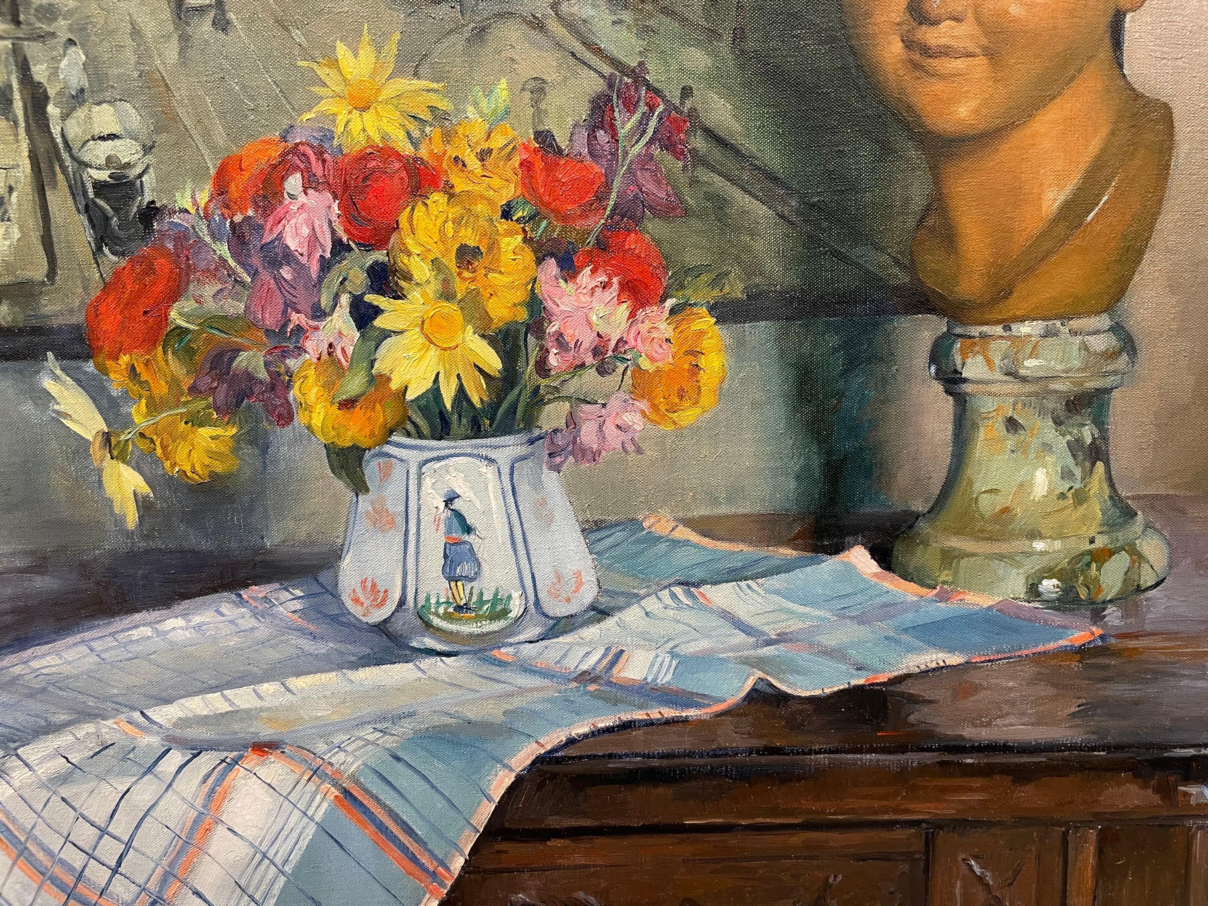 Nature morte avec fleurs, buste et scène parisienne, impressionniste américain en vente 4