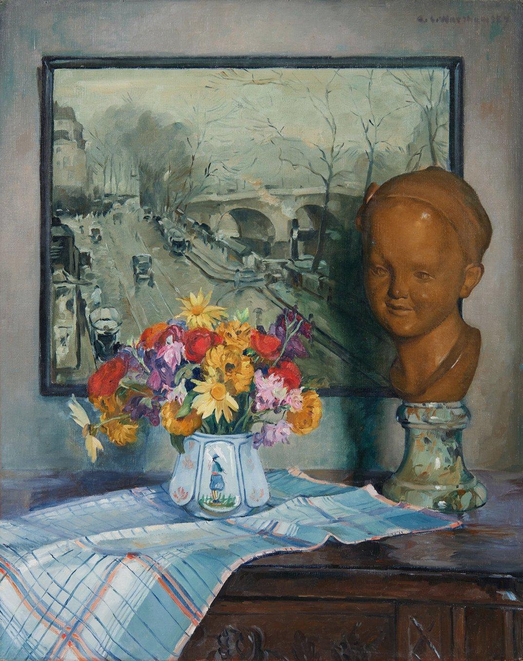 Figurative Painting di Abel Warshawsky - Natura morta con fiori, busto e scena parigina, Impressionista americano