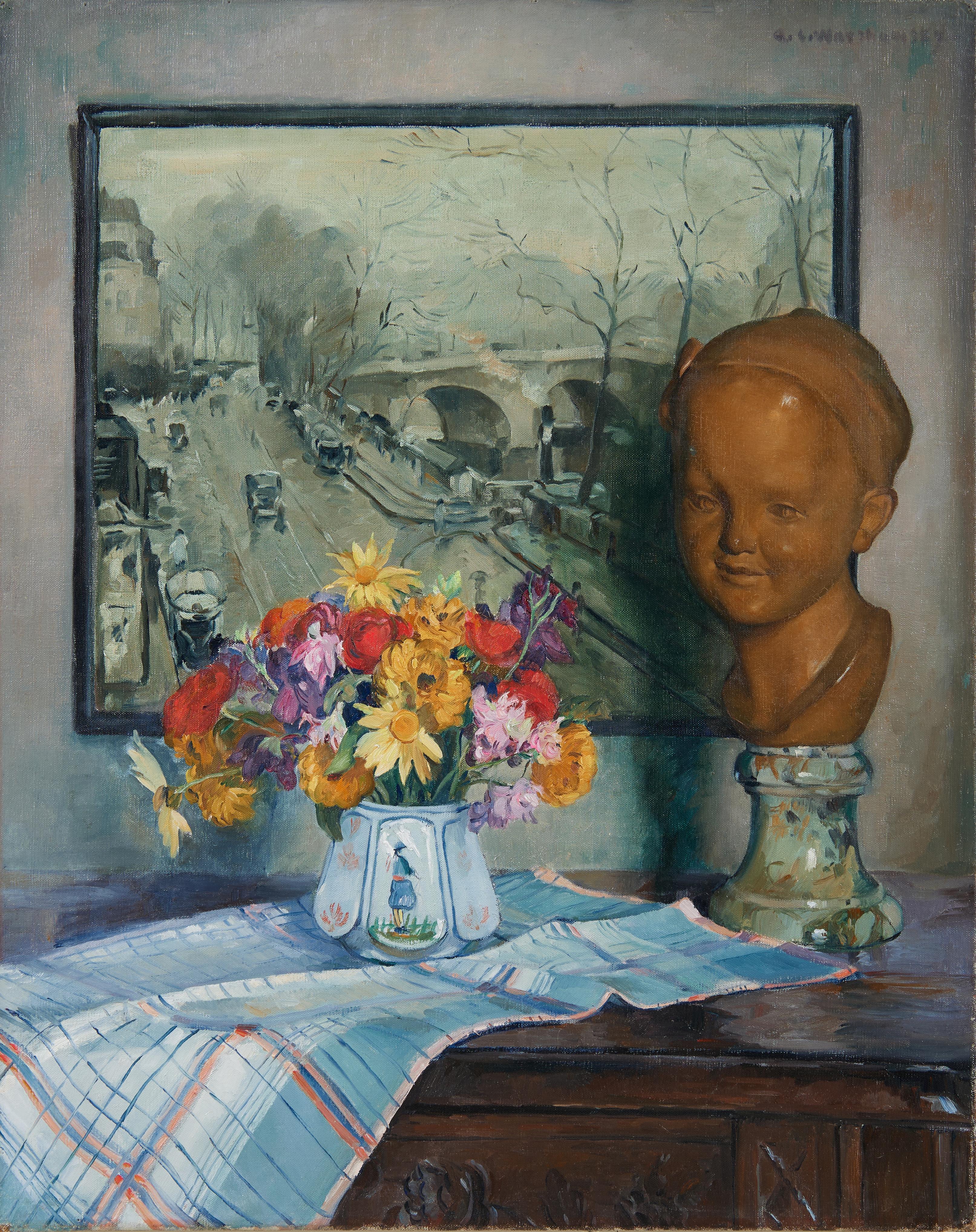 Figurative Painting Abel Warshawsky - Nature morte avec fleurs, buste et scène parisienne, impressionniste américain