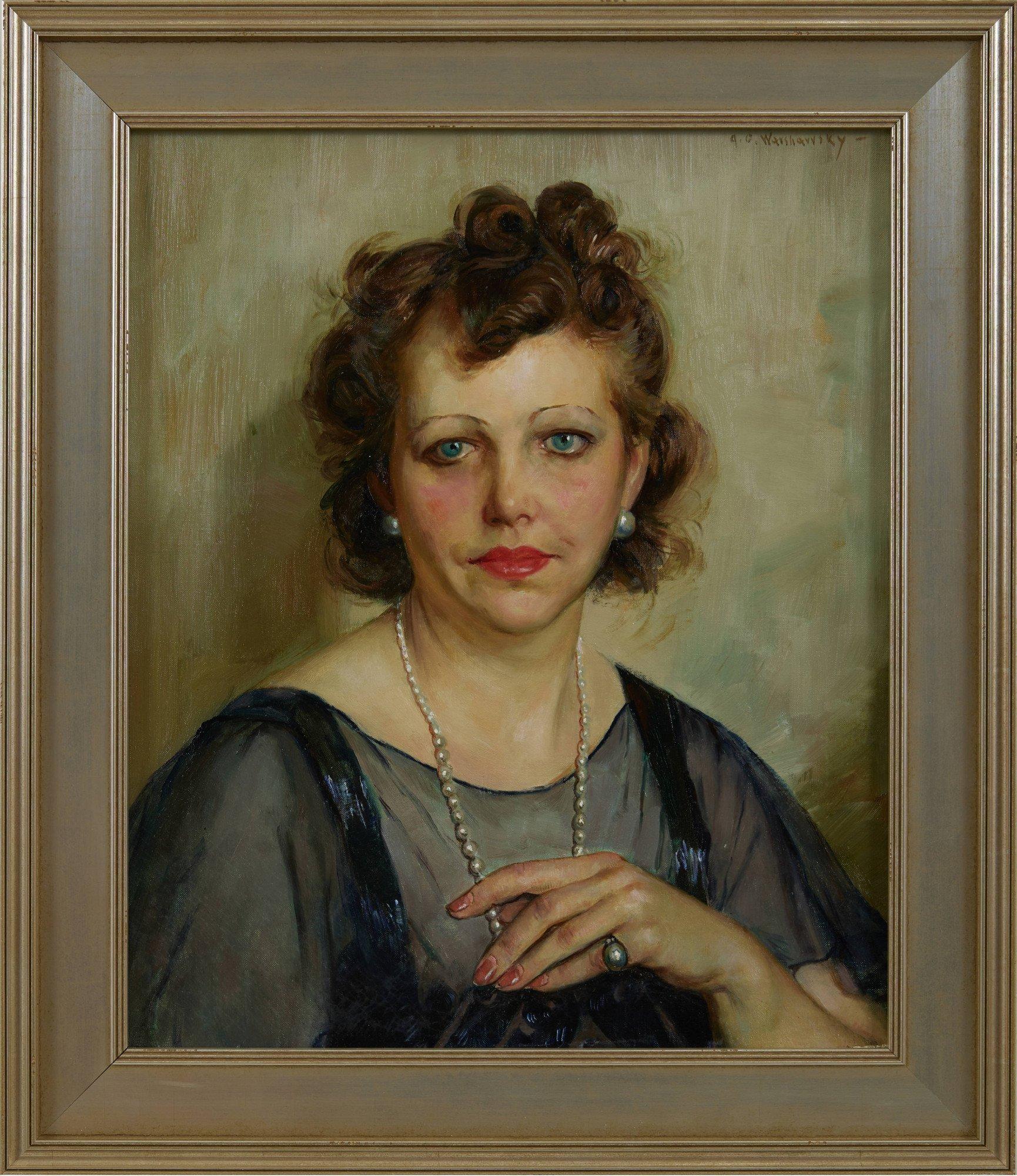 The Antique Dealer, Portrait de femme à l'huile du 20e siècle, école de Cleveland - Painting de Abel Warshawsky