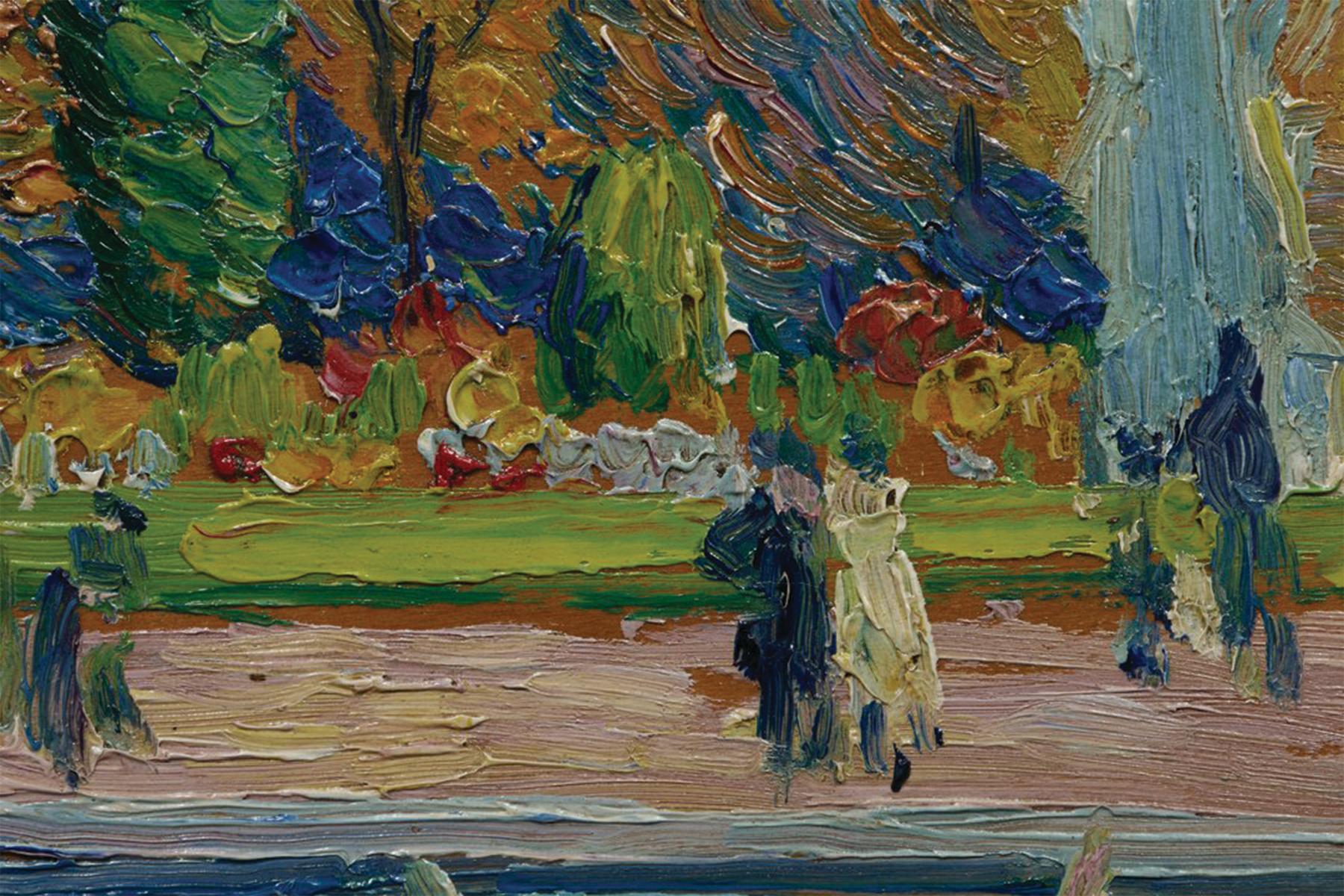Abel Warshawsky (américain, 1883-1962)
Les jardins du Luxembourg, Paris, 1909
Huile sur panneau
Signé et daté en bas à droite, titré au verso
8.5 x 10.5 pouces
13.75 x 16 pouces, encadré

Le peintre impressionniste A.G. Warshawsky a été actif à