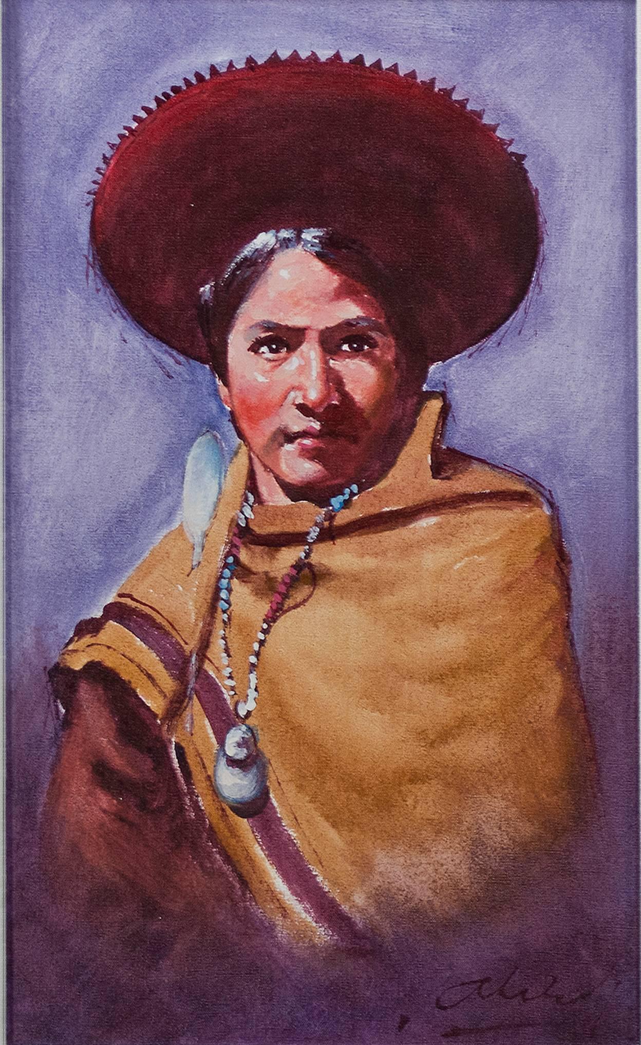 Figure féminine latino, portrait, culture péruvienne, réalisme amérindien, couleur signée - Painting de Abelardo Marquez Velazquez