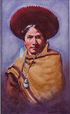 Figure féminine latino, portrait, culture péruvienne, réalisme amérindien, couleur signée