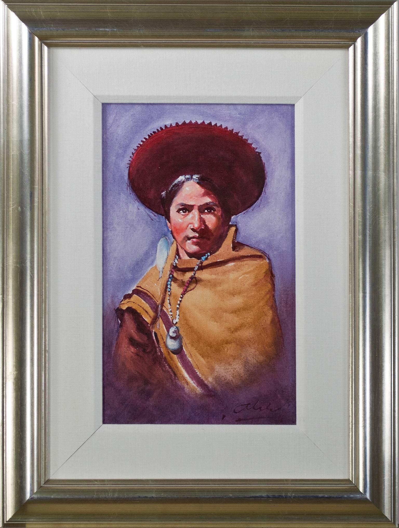 Portrait Painting Abelardo Marquez Velazquez - Figure féminine latino, portrait, culture péruvienne, réalisme amérindien, couleur signée