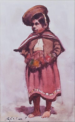 Peinture à l'huile figurative contemporaine sujet Child & Child Child rouge costume signée