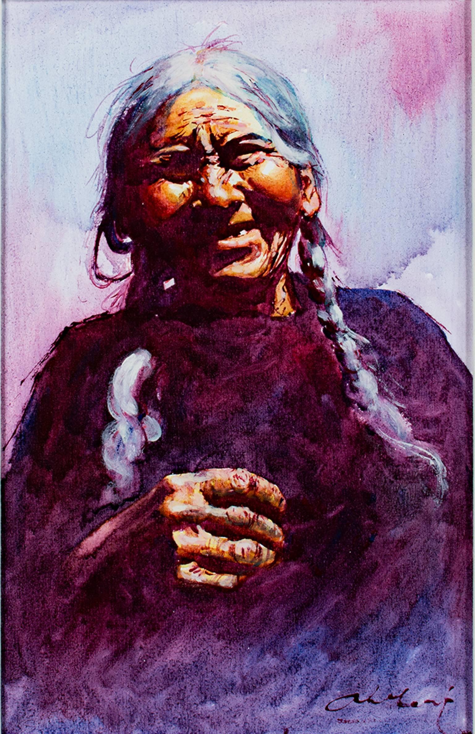 Female Oil Portrait Latino Peruvian Native Cool Tone Impressionism Signed Purple - Painting by Abelardo Marquez Velazquez