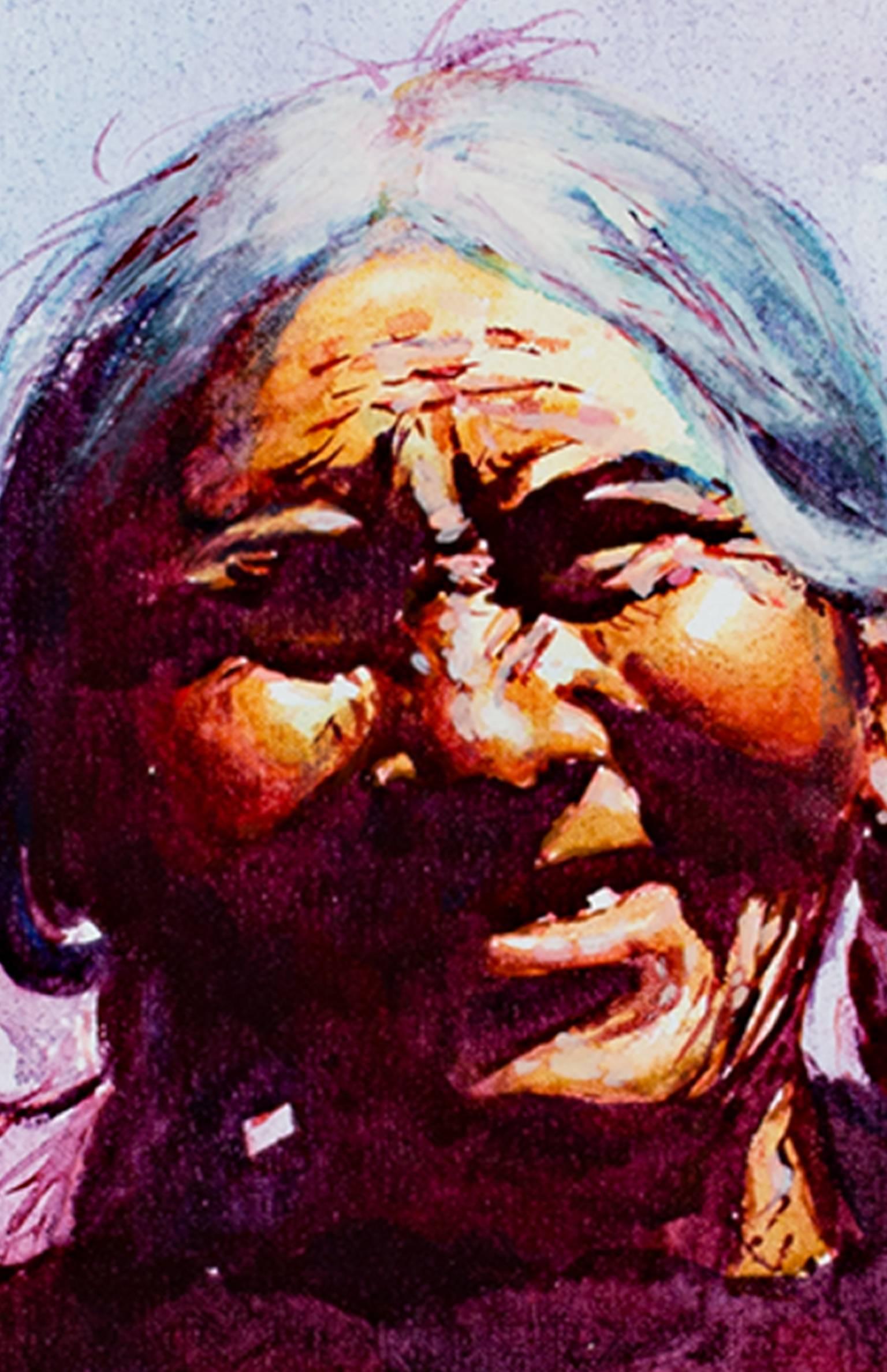 Female Oil Portrait Latino Peruvian Native Cool Tone Impressionism Signed Purple For Sale 1