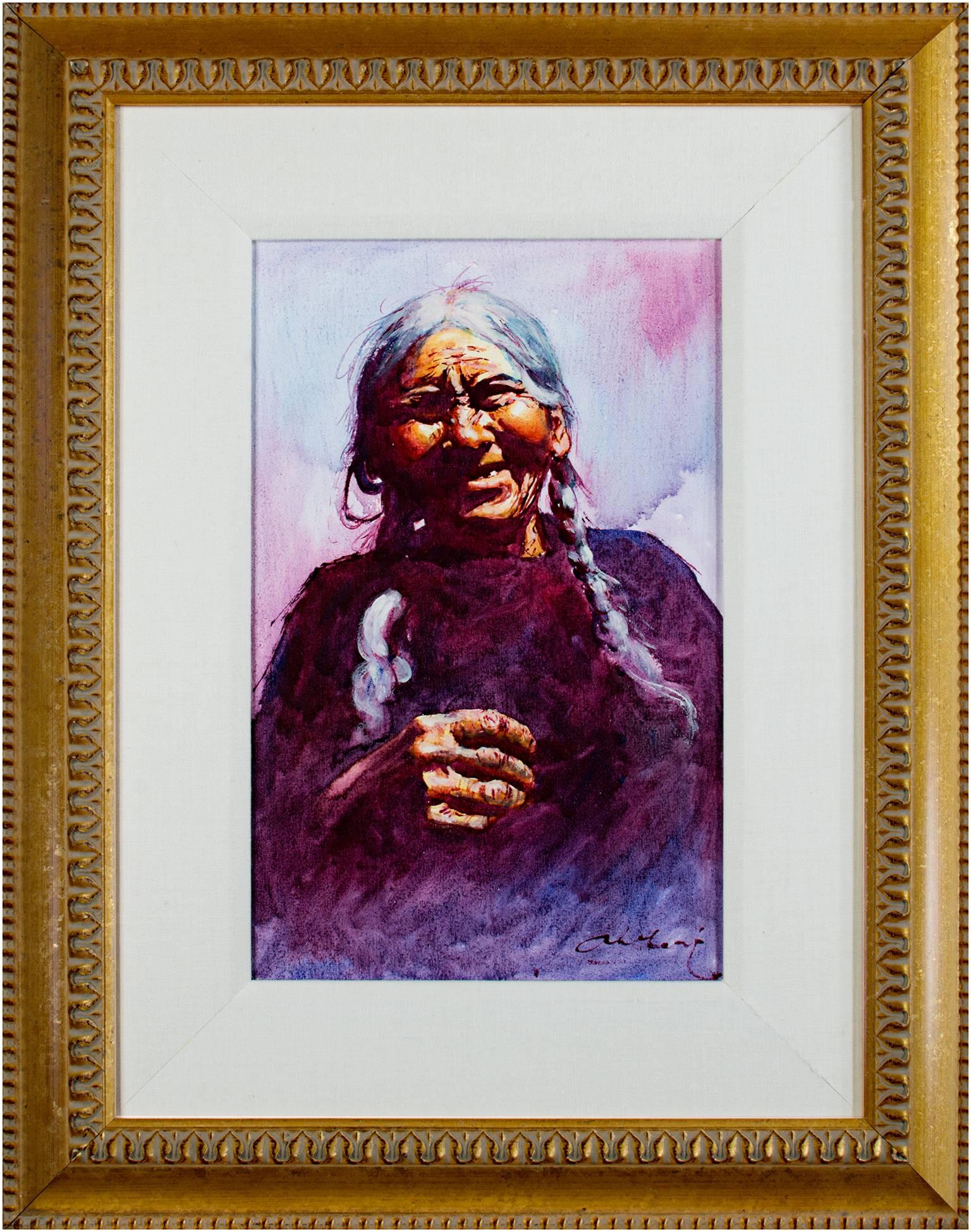 Figurative Painting Abelardo Marquez Velazquez - Portrait de femme latino péruvienne, ton froid impressionniste signé violet