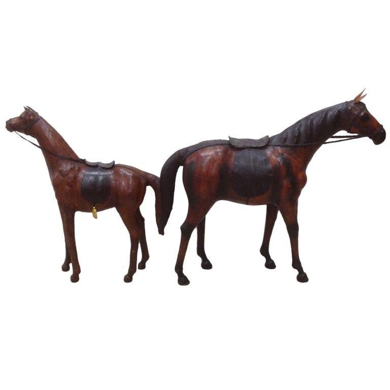 Abercrombie and Fitch Large Pair of Leather Horses For Sale