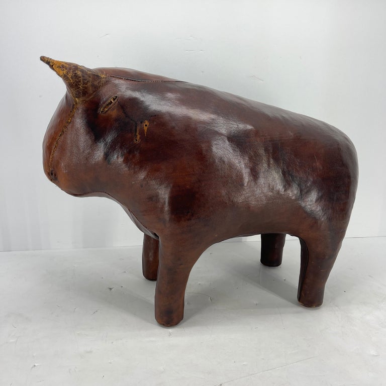 Hand-Crafted Abercrombie & Fitch Leather Bull Statue Footstool, Mid-Century Modern For Sale