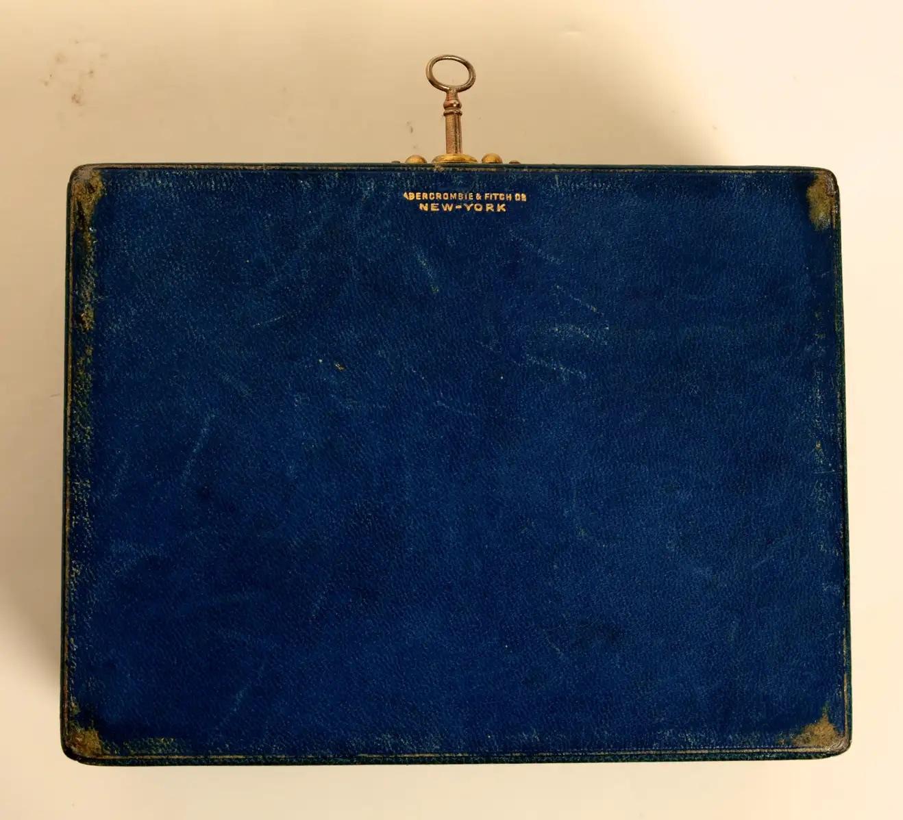 Abercrombie & Fitch Patinated Fine Blue Calf Leather Covered Jewelry Box, C1950 For Sale 2