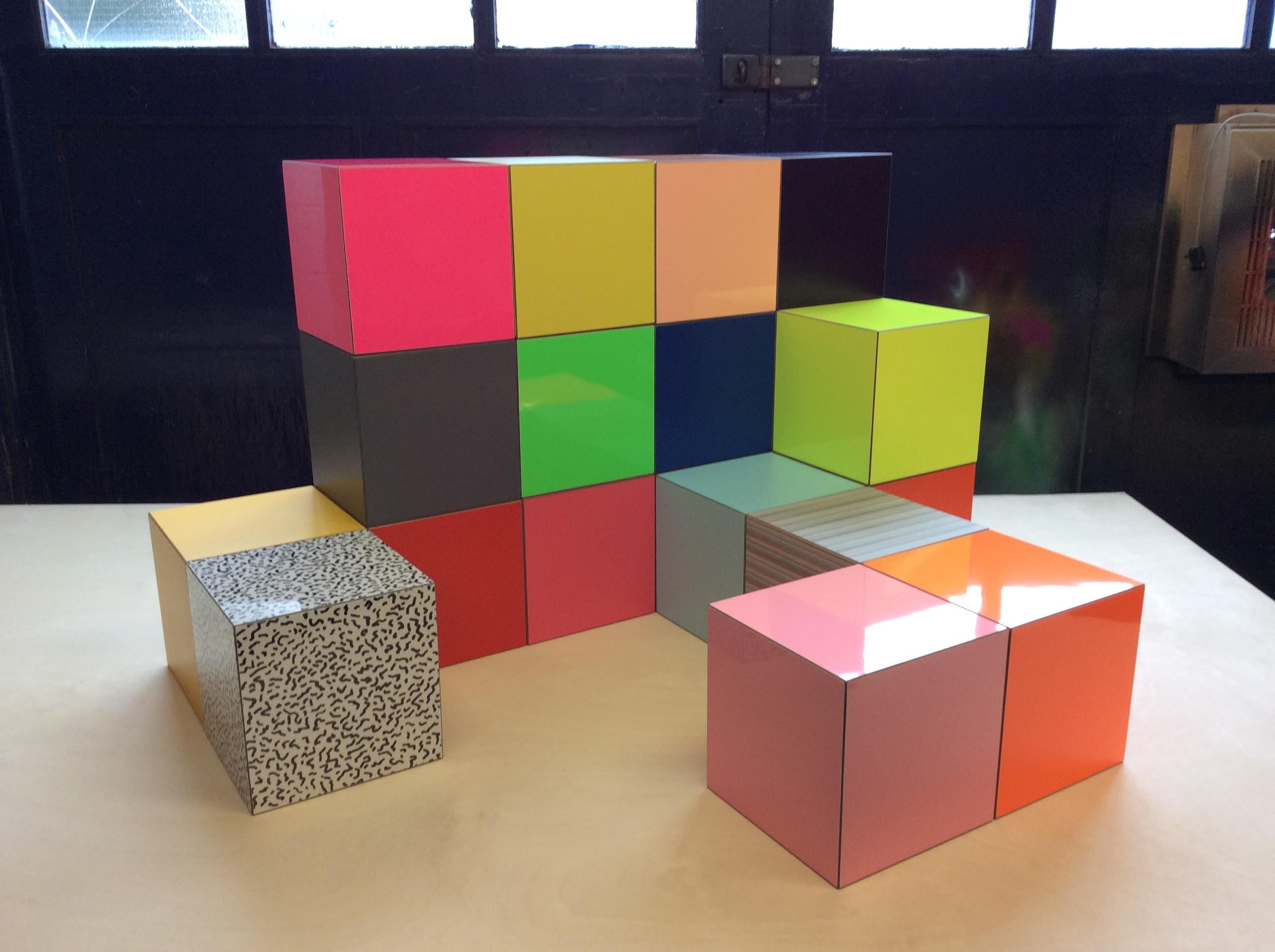Following on from the success of my copper cubes of recent years I am pleased to start a new collaboration with Abet Laminati on this set of 20 magnetic coloured cubes.

Influenced by Sottsass and the mid 80's post-modern design movement these cubes