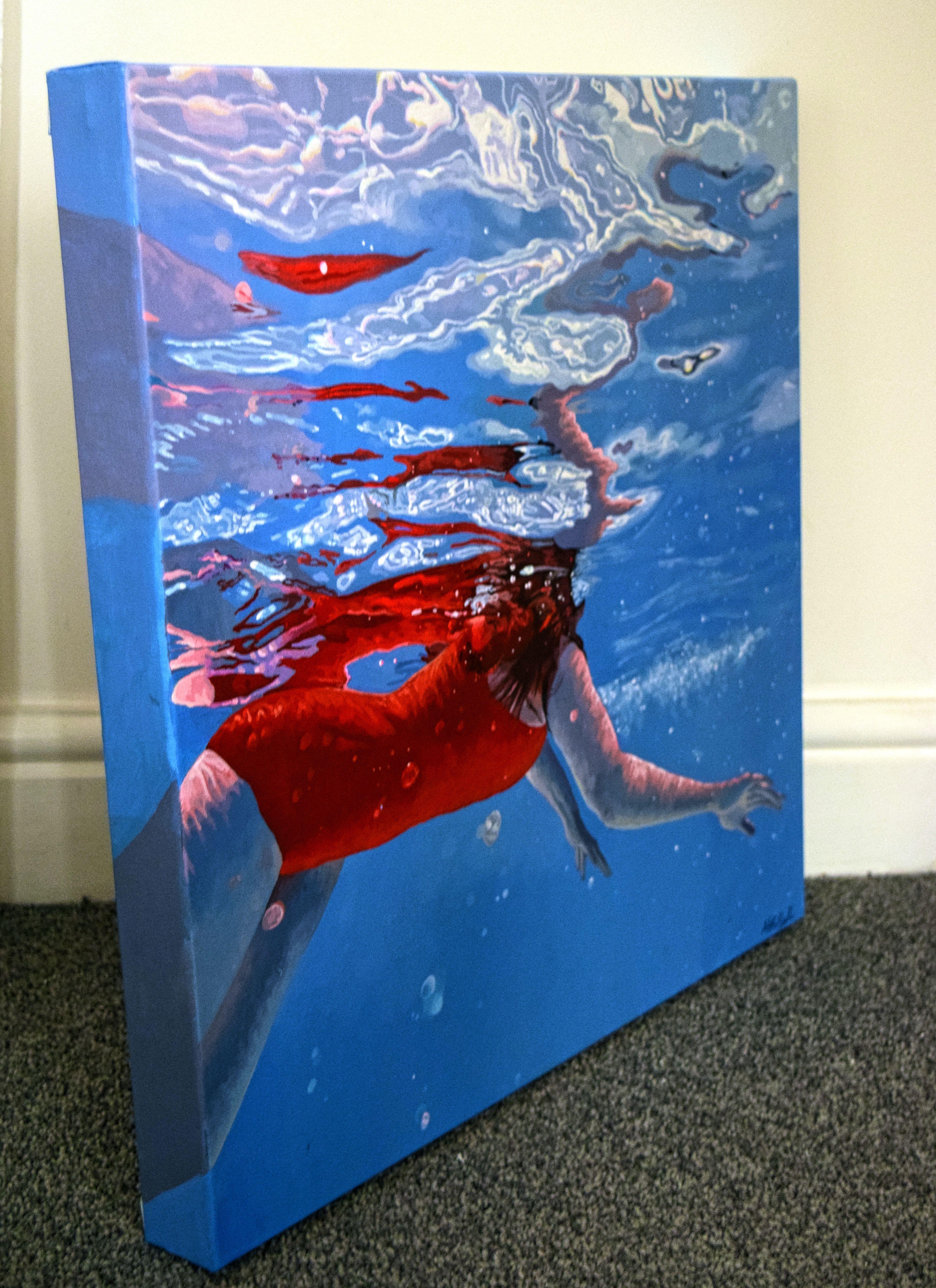 The swimmer's form is reflected in hundreds of shades of red and beautiful, intricate patterns in the water's surface.    This work is painted on a gallery wrapped, deep edged canvas. The painting continues around the edge and thus can be hung