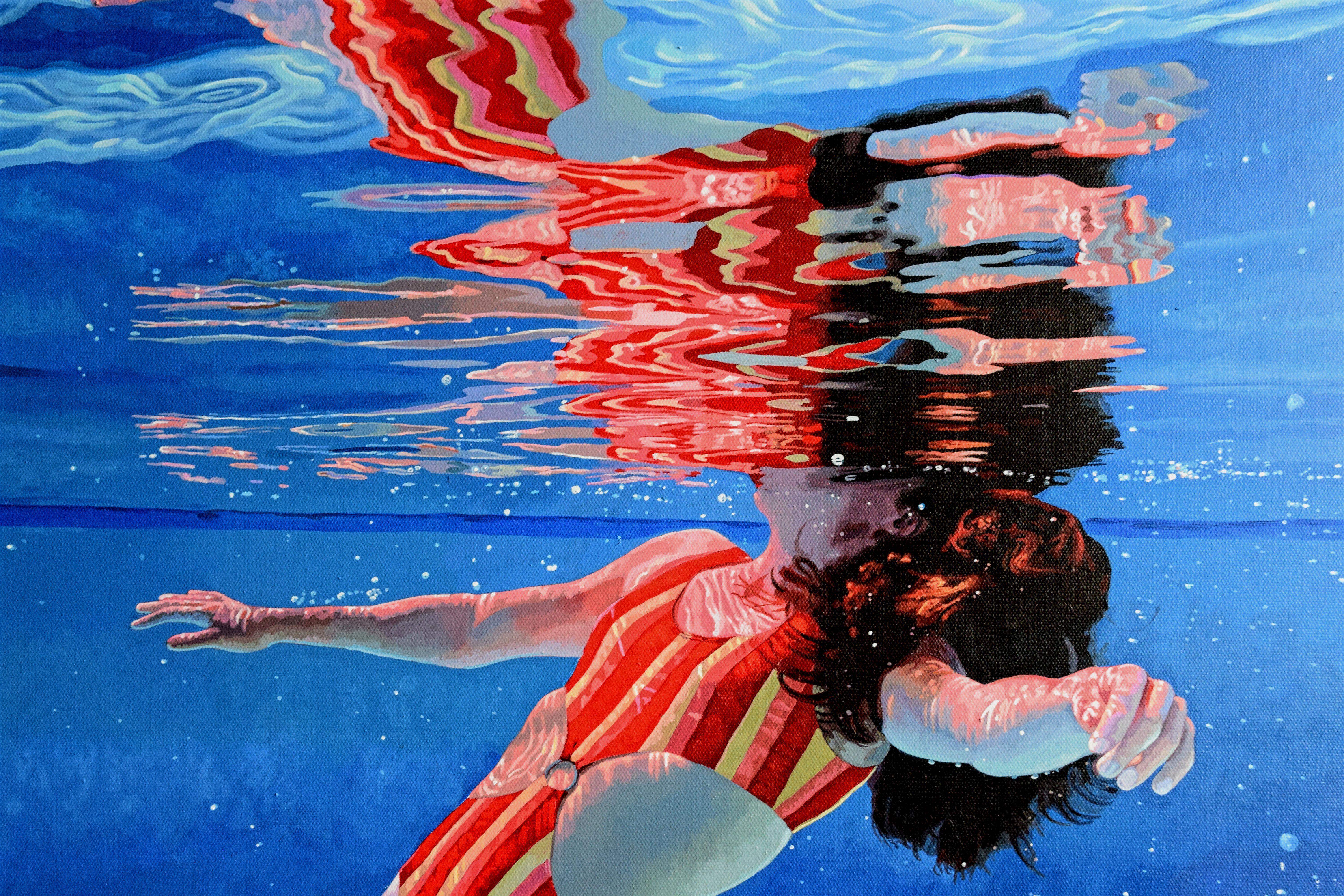 The swimmer floats in the still, silent depths. Under the water's surface all is calm and perfectly serene.    This work is painted on a deep-edge gallery-wrapped canvas. The painting continues around the edge of the canvas and therefore may be hung