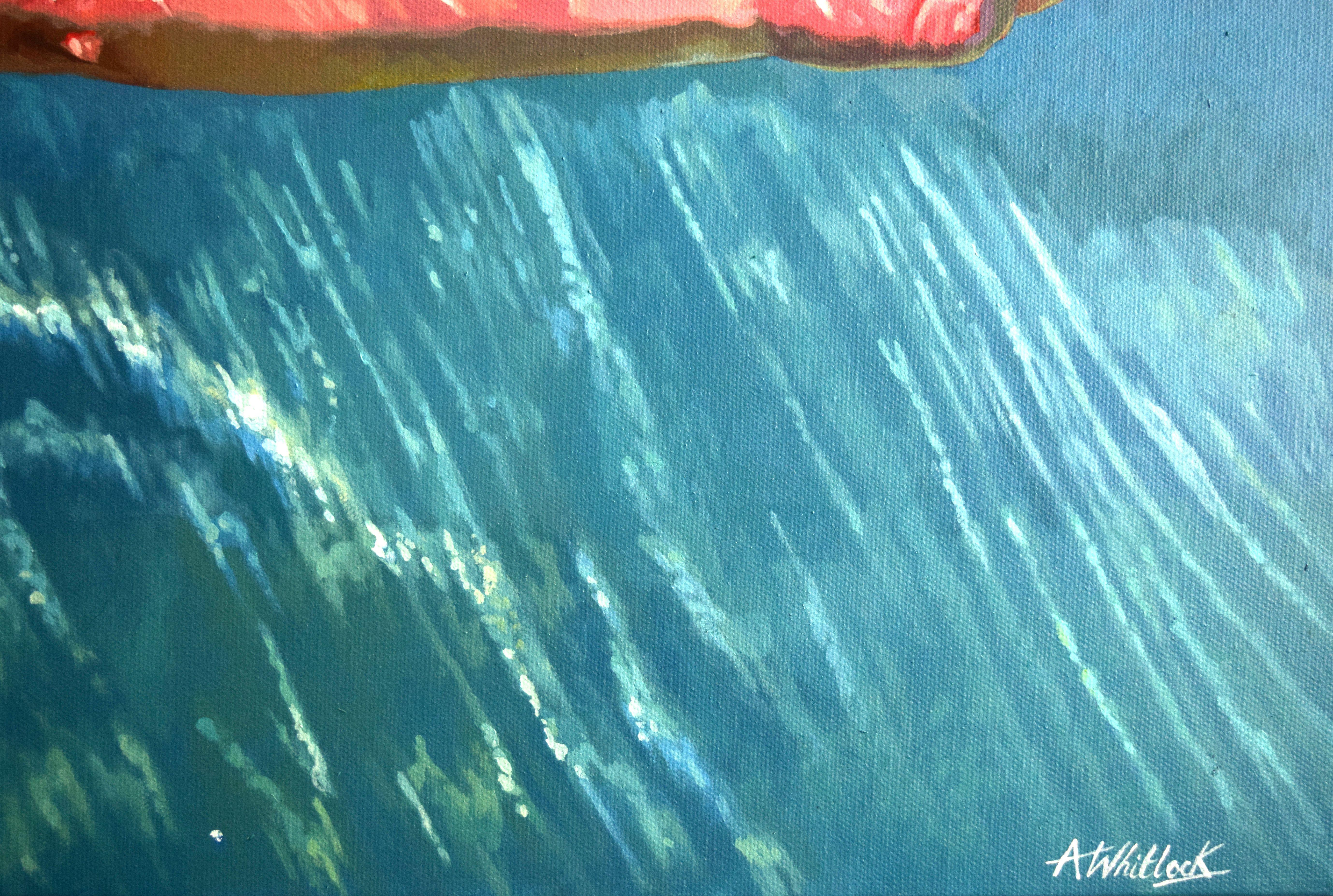 Sunlight streams down from above the water's surface. Below, in the cool depths, the swimmer is skin is illuminated by the blazing light.    This work is painted on a gallery wrapped canvas. The painting continues around the edge and, therefore, it