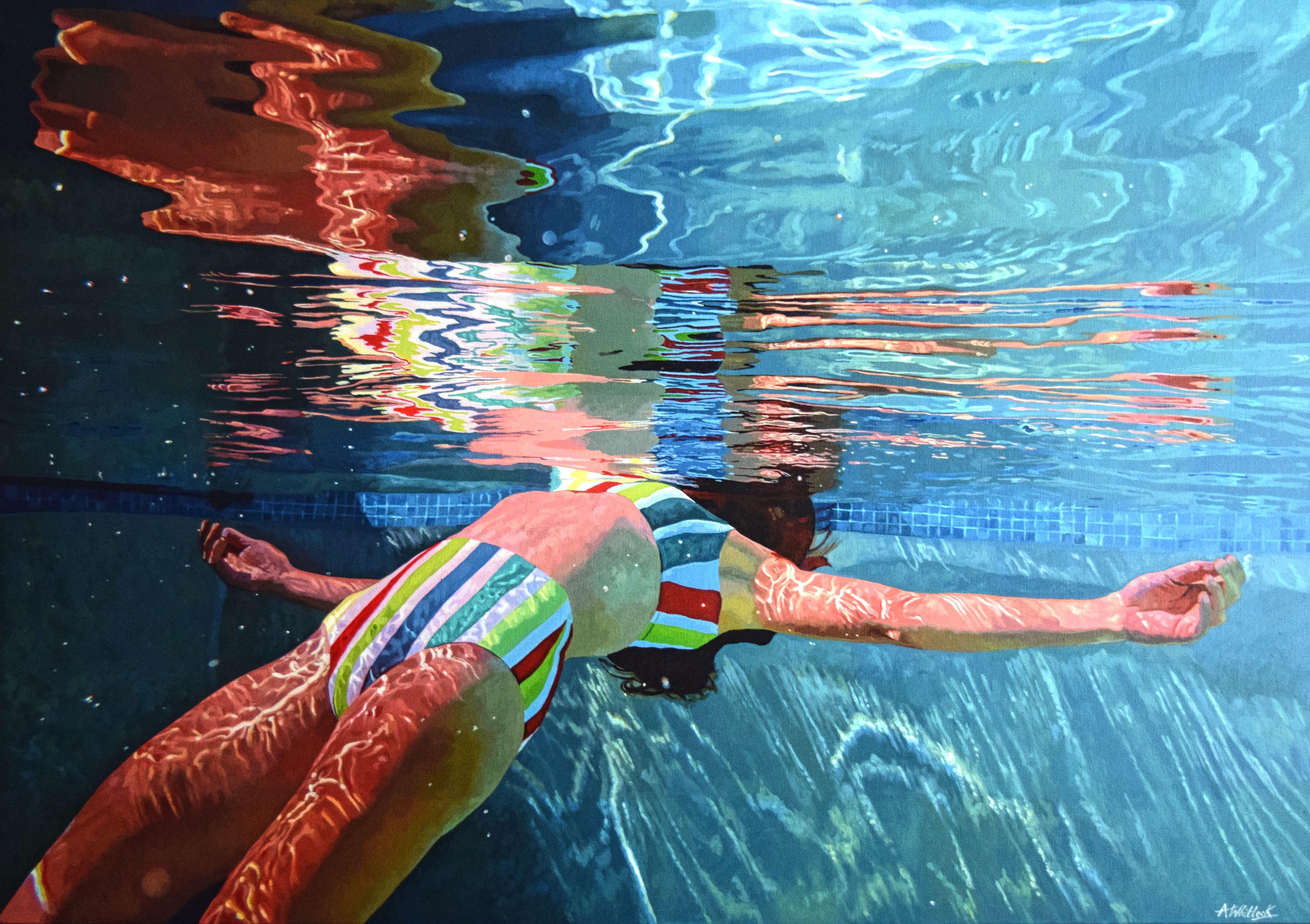 Sunlight streams down from above the water's surface. Below, in the cool depths, the swimmer is skin is illuminated by the blazing light.    This work is painted on a gallery wrapped canvas. The painting continues around the edge and, therefore, it