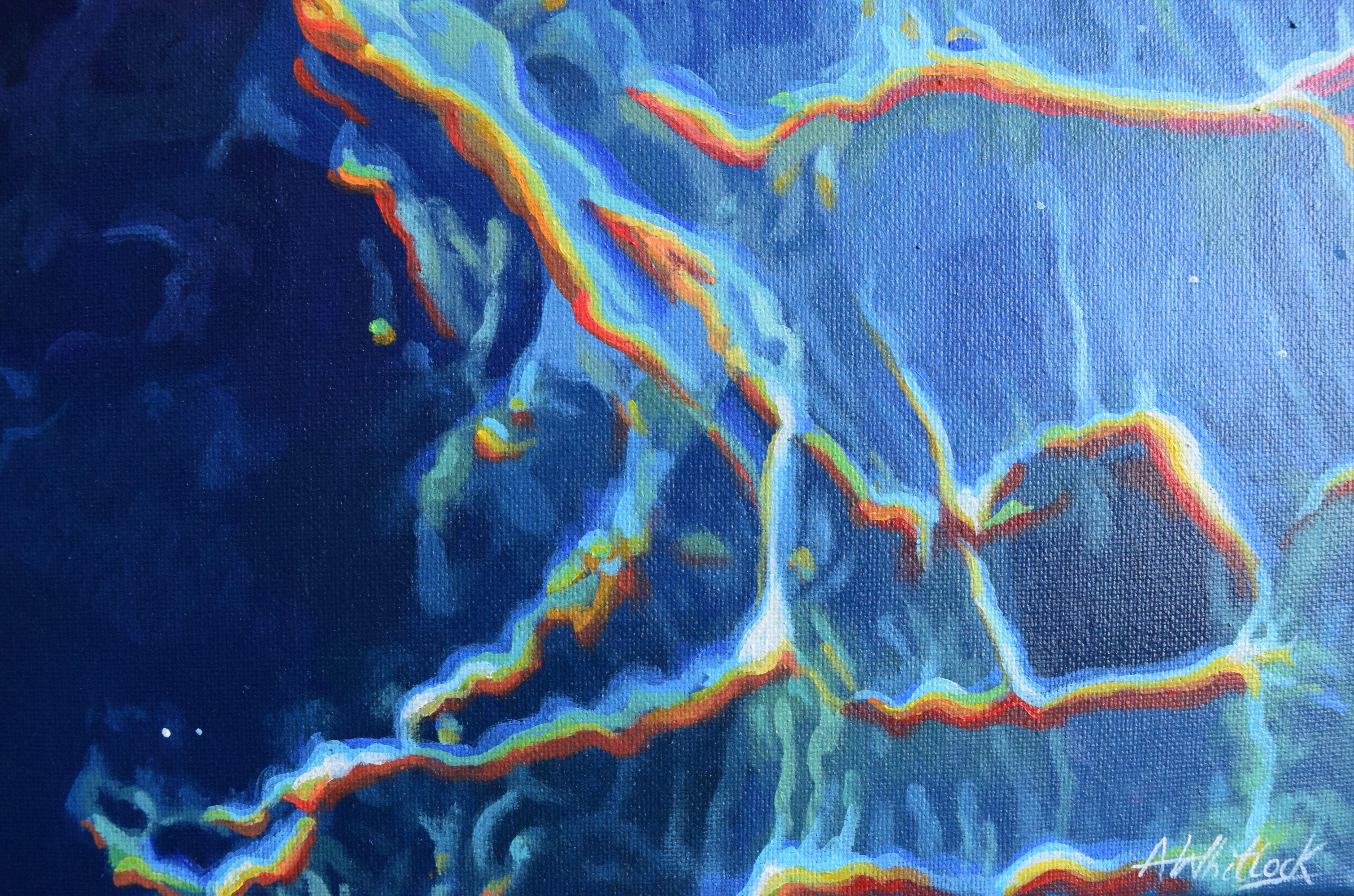 Il nuotatore galleggia nelle fresche profondità. L'acqua intorno a lei si illumina di luce brillante.    Quest'opera è dipinta su una tela con bordi profondi e avvolta in una pellicola da galleria e può quindi essere appesa senza cornice :: Pittura