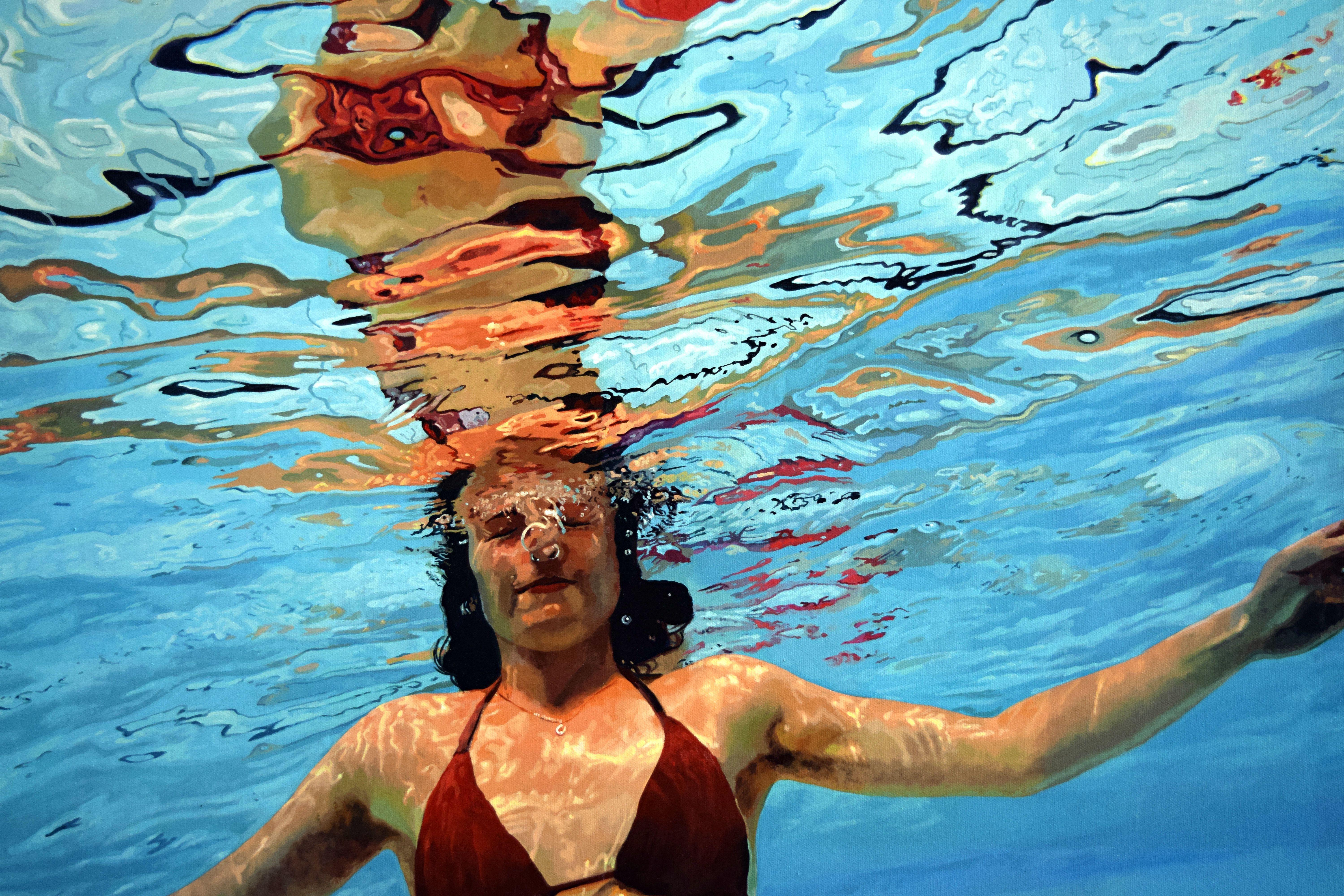 The swimmer floats beneath the surface, her skin lit up from within by a thousand rays of golden sunlight.    This work is painted on a gallery wrapped canvas. The painting continues around the edge and, therefore, it may be hung unframed. ::